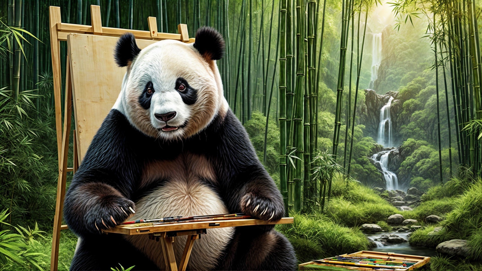 Panda in Bamboo Forest with Art Supplies and Easel