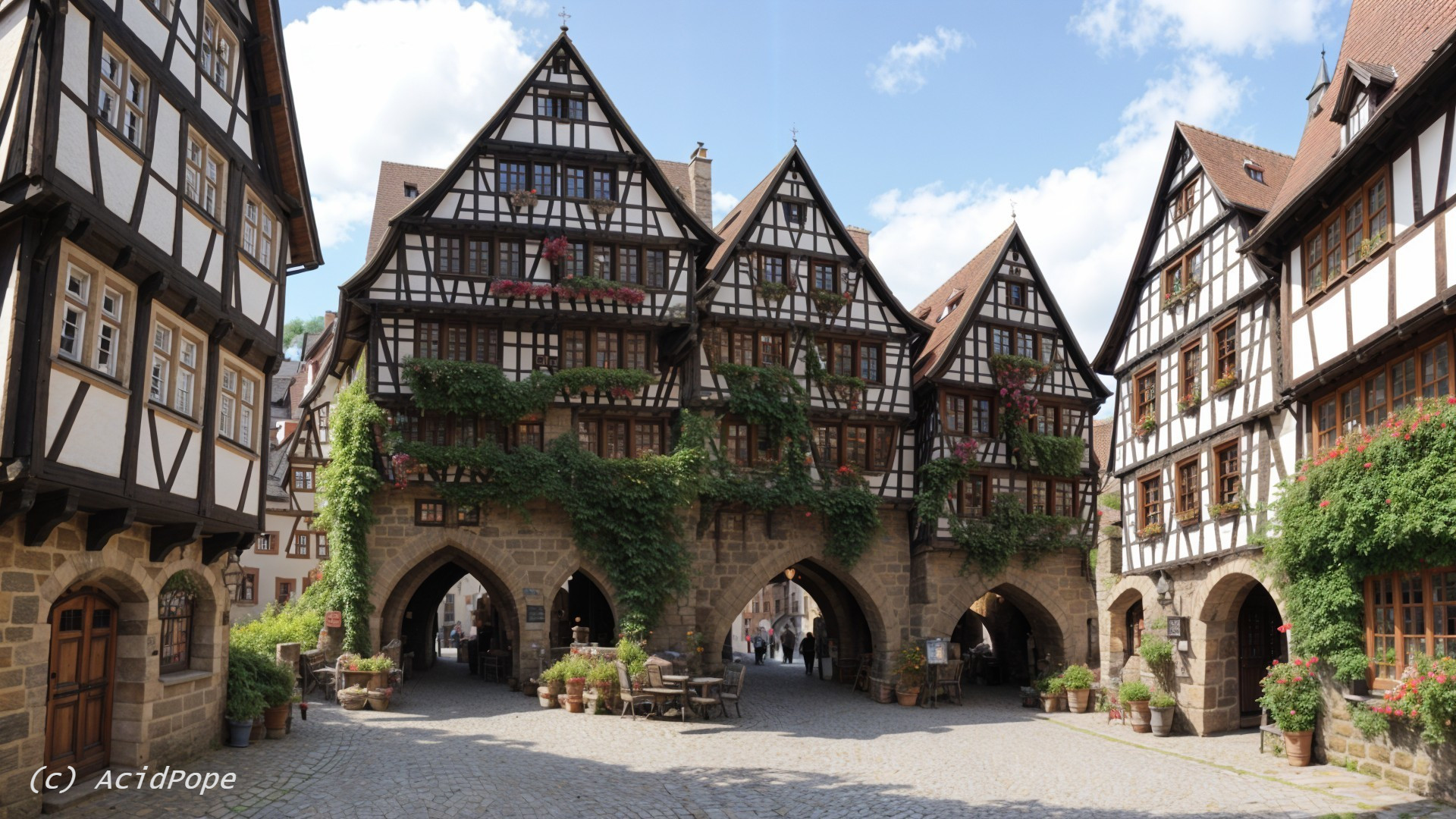 Medieval Village with Half-Timbered Houses and Cobblestones