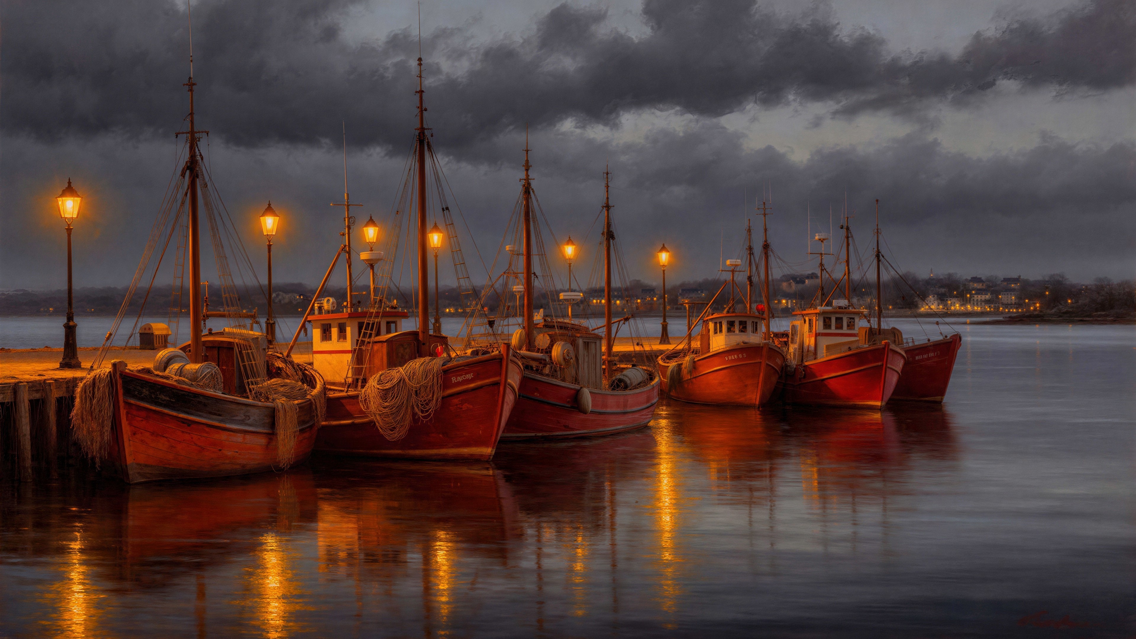 Red Fishing Boats Docked at Pier Under Cloudy Sky