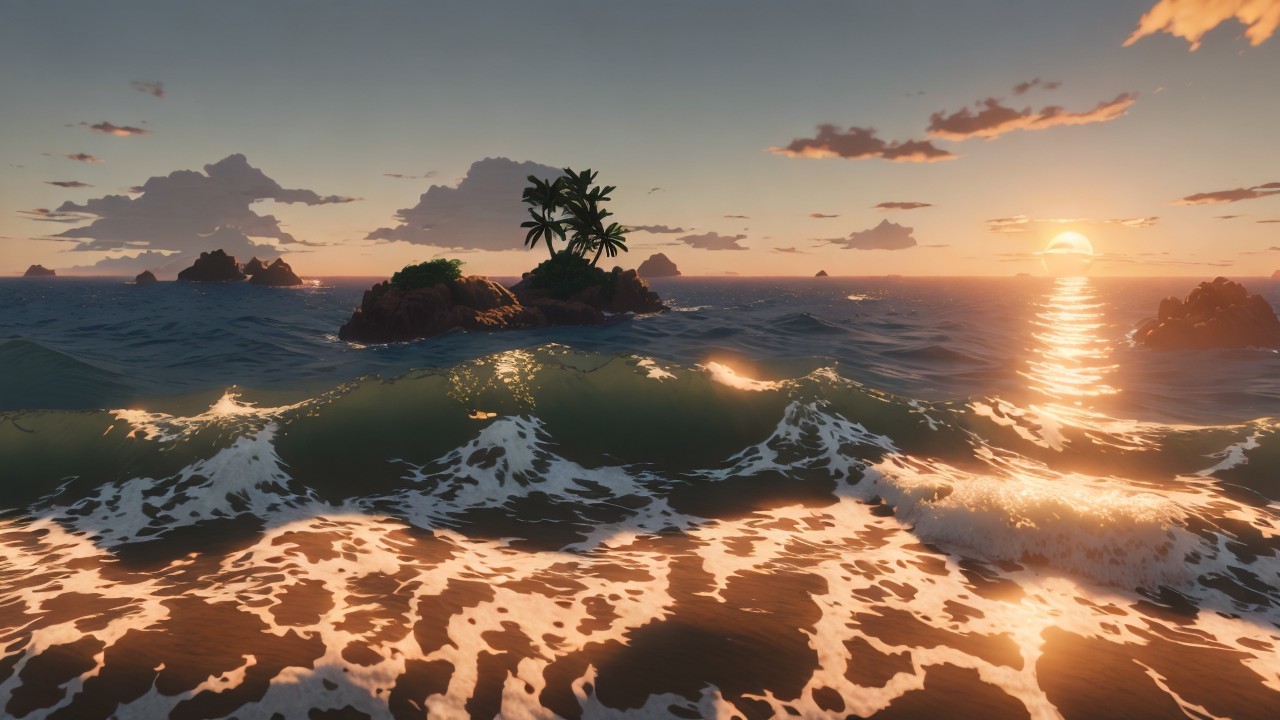 Coastal Sunset with Waves and Island Silhouette