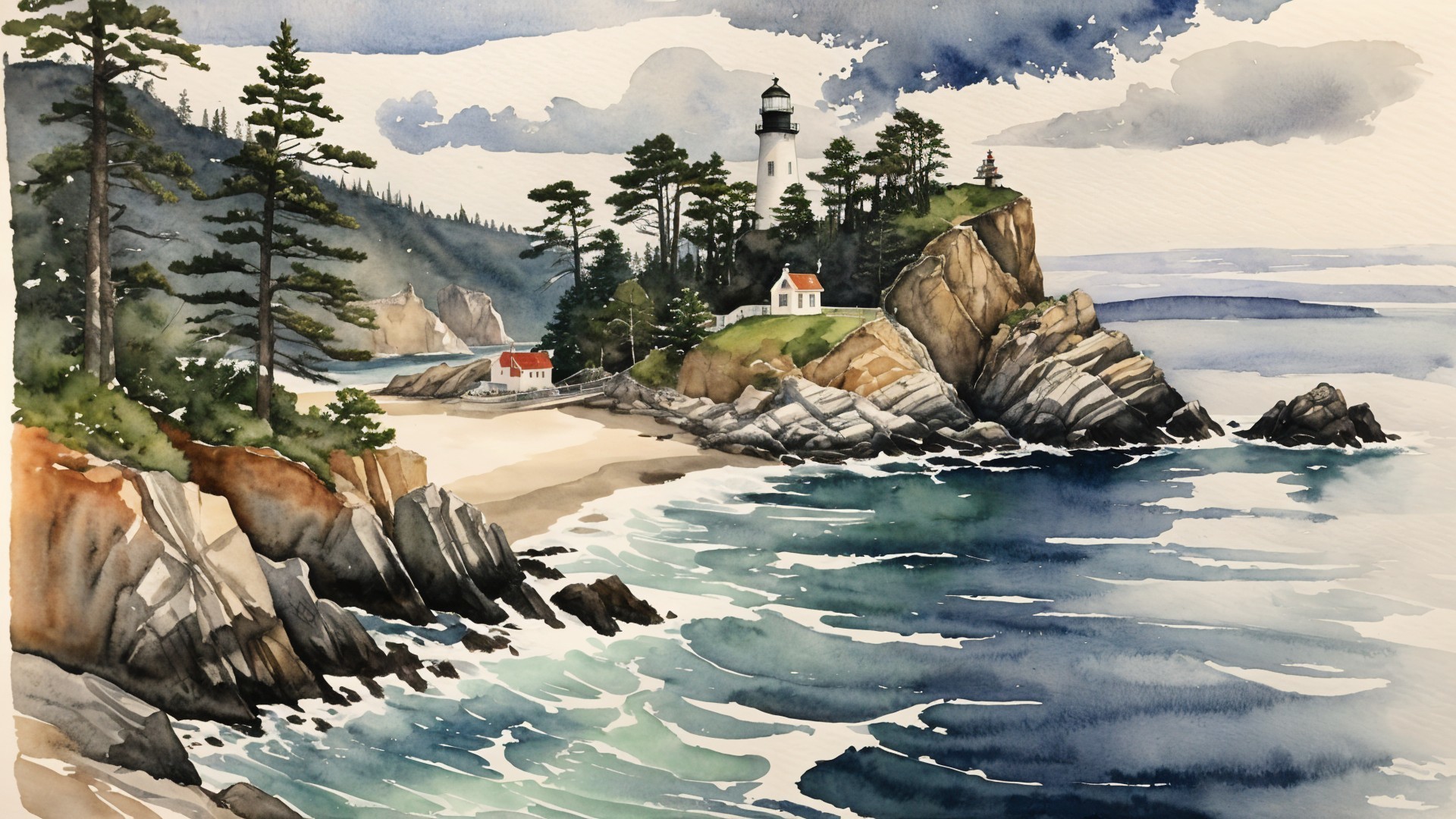 Coastal Scene with Lighthouse and Sandy Beach