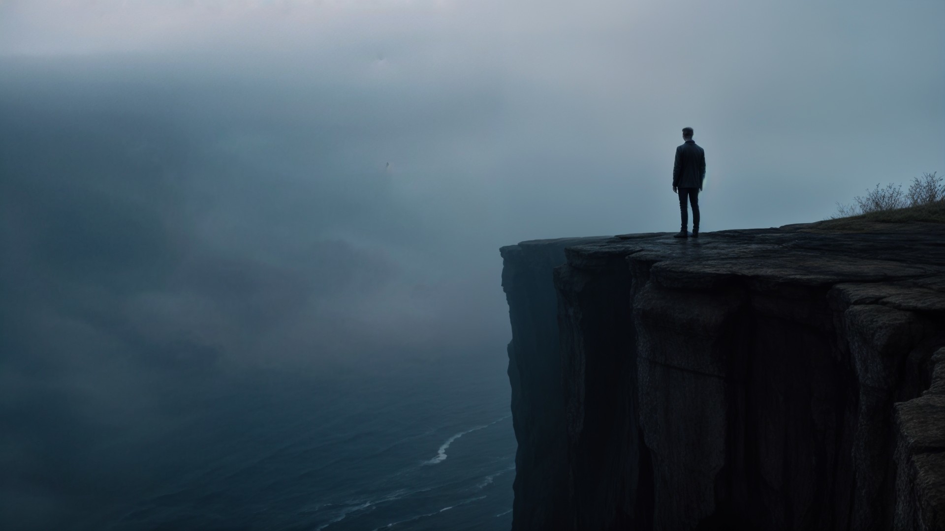 Solitary Figure on Cliff Overlooking Misty Sea