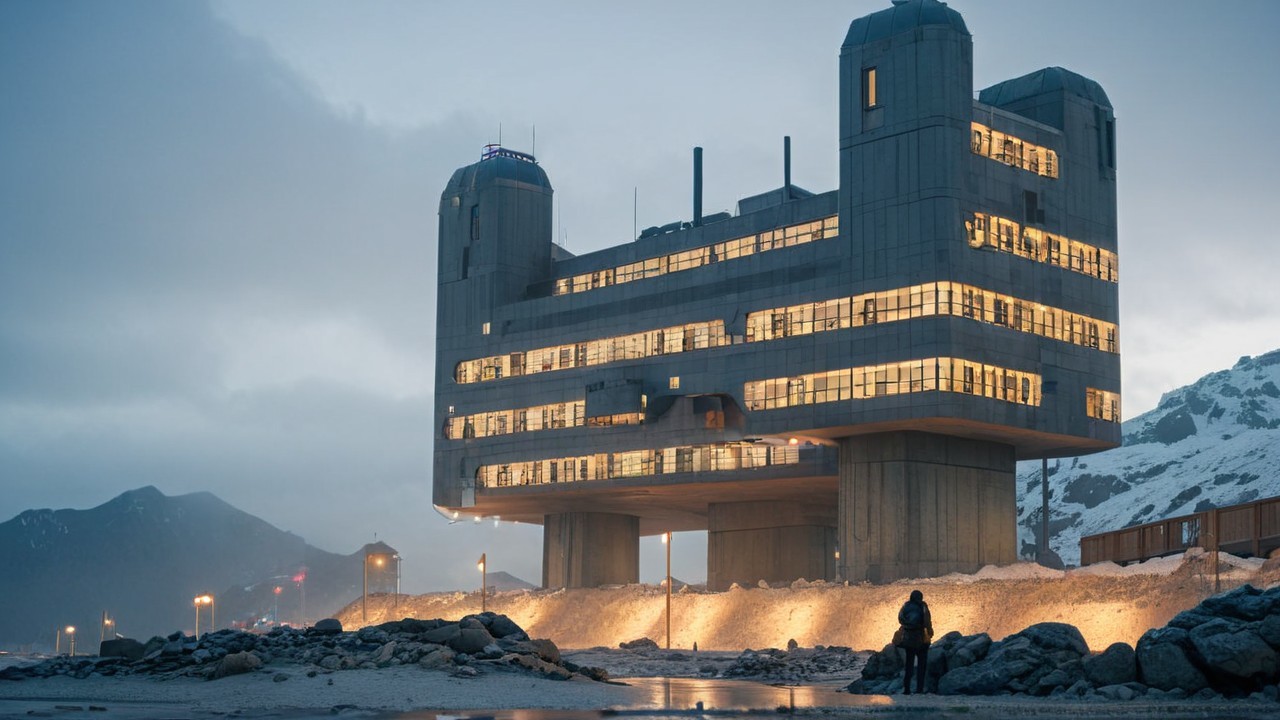 Modern building on stilts by rocky shore with mountains