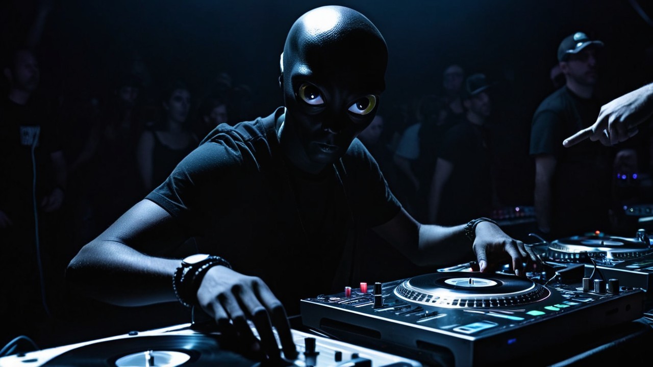 DJ with Black Mask and Yellow Eyes in Nightlife Scene