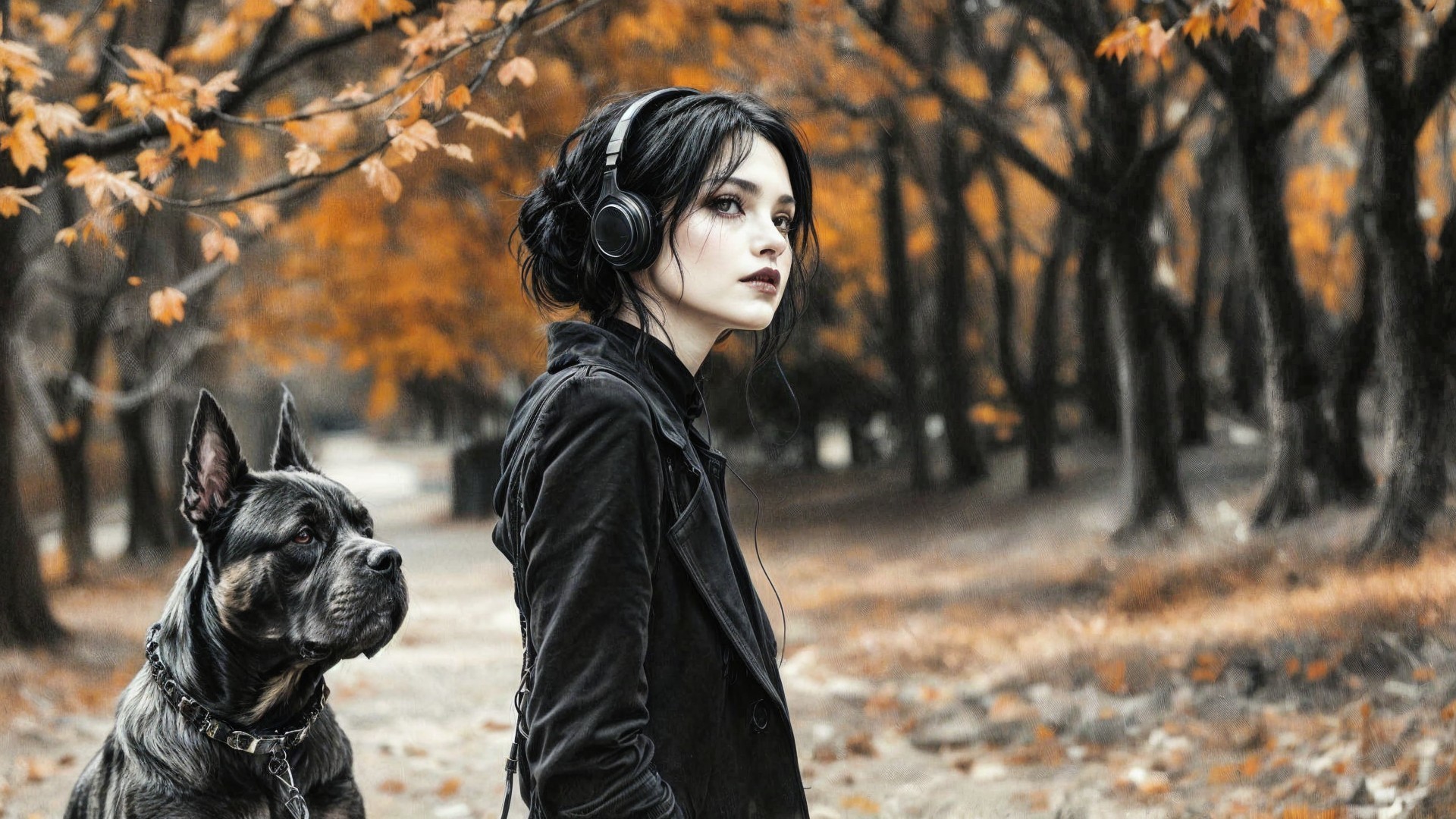 Young Woman with Dog in Autumn Landscape