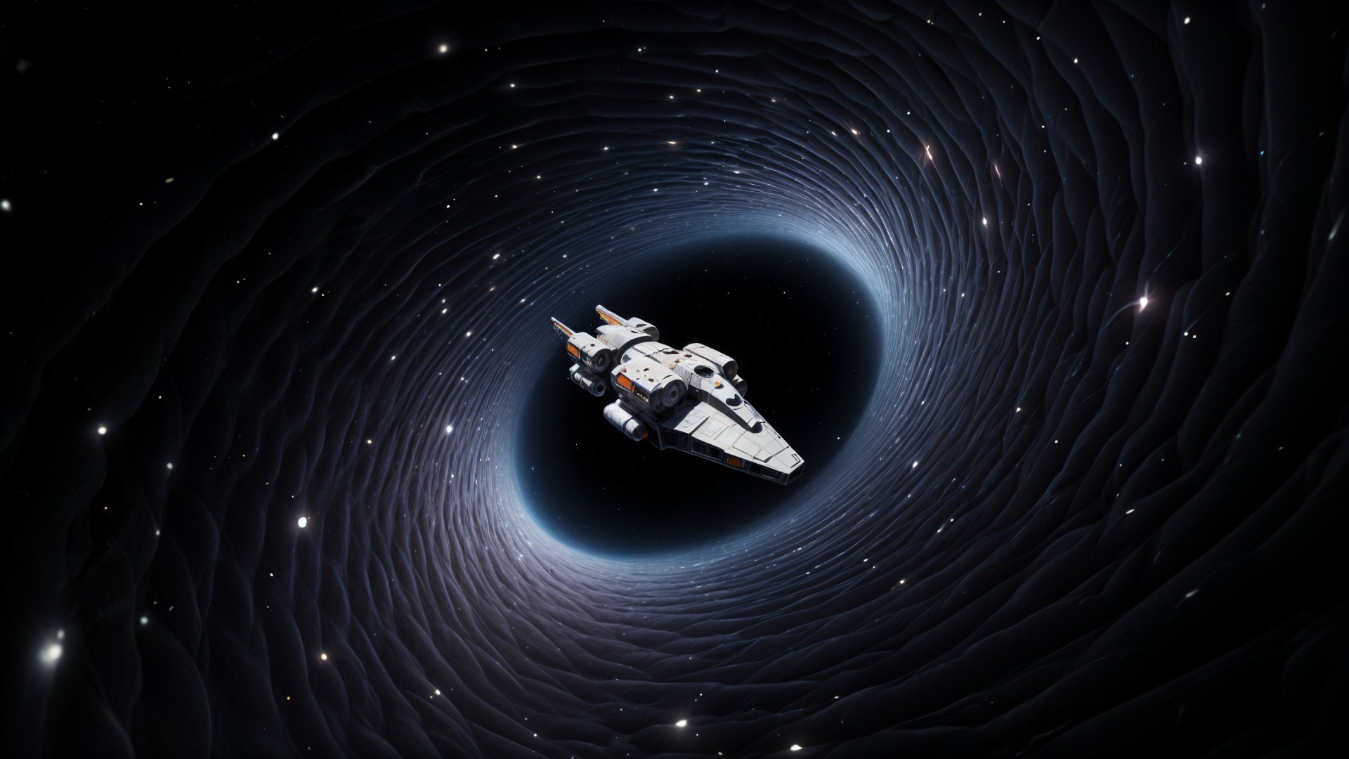 Sleek Spaceship Navigating a Swirling Black Hole