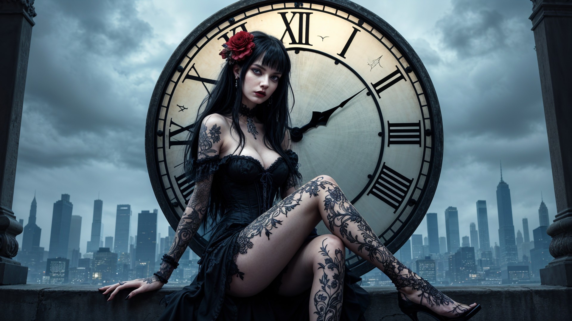 Gothic Figure Against Urban Skyline and Clock
