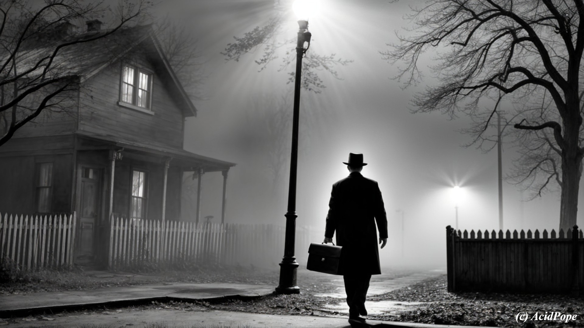 Mysterious Figure in Foggy Street with Briefcase