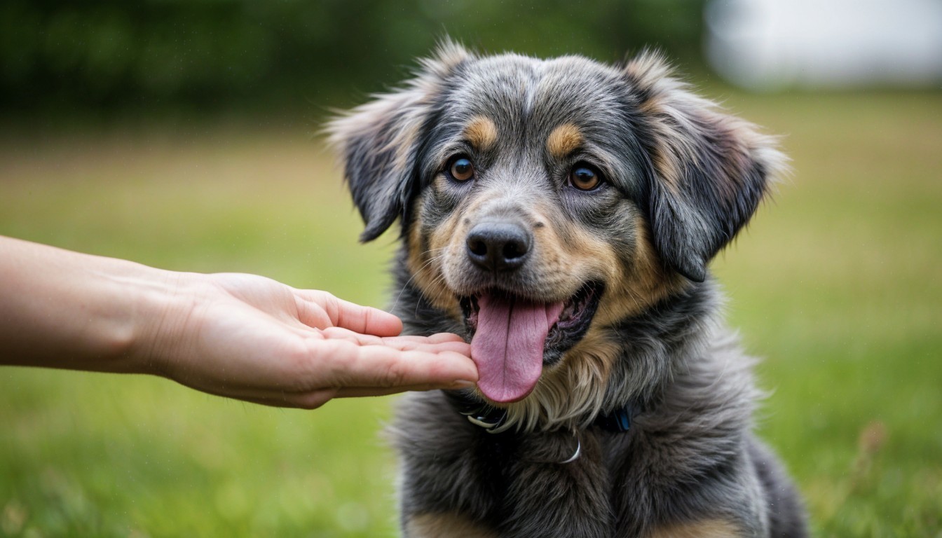 Playful dog with fluffy coat in grassy field