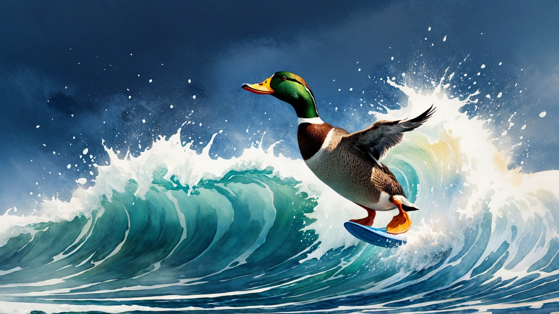 Mallard Duck Surfing on a Dynamic Ocean Wave