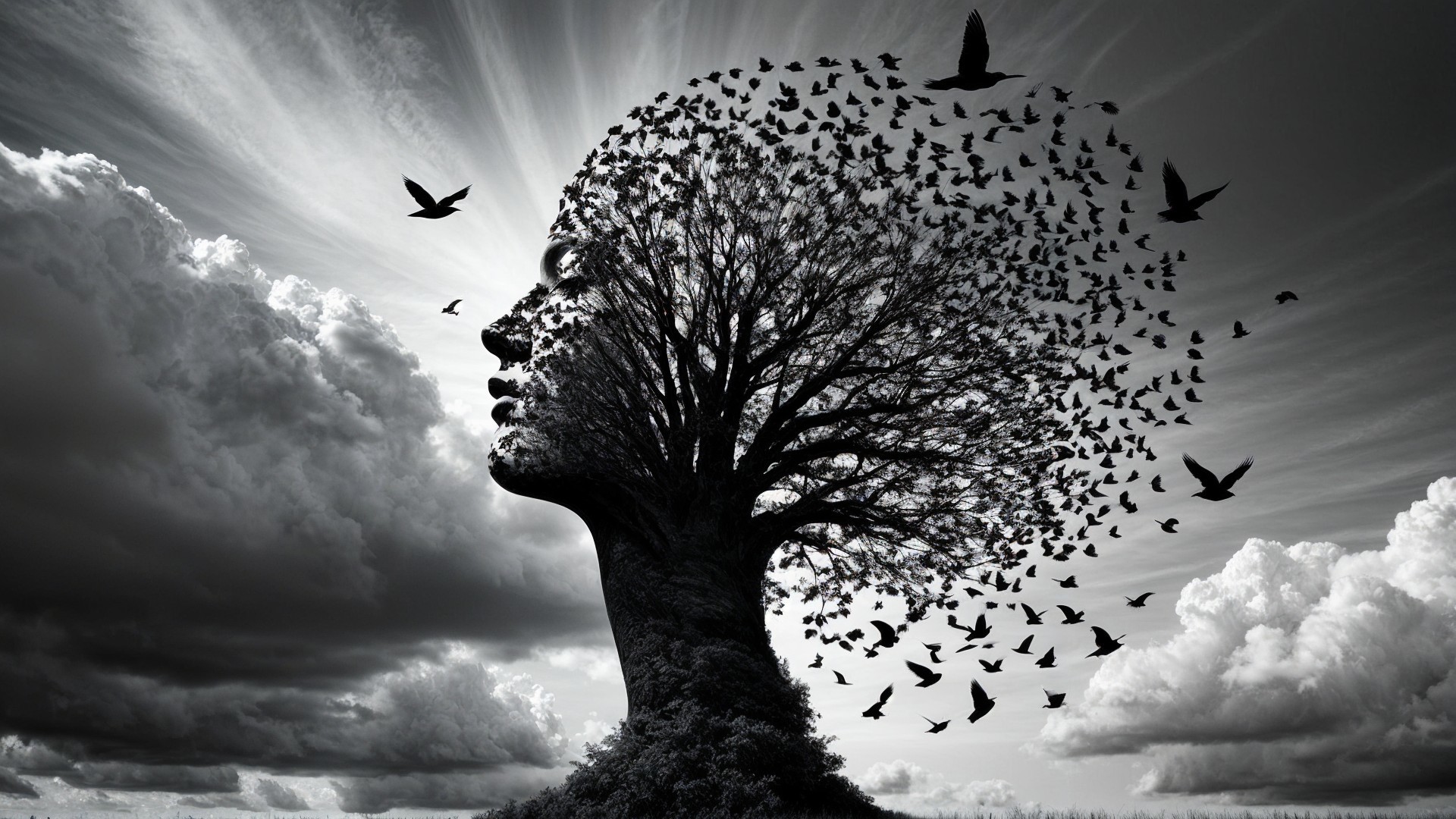 Surreal Transformation of Woman into Tree and Birds