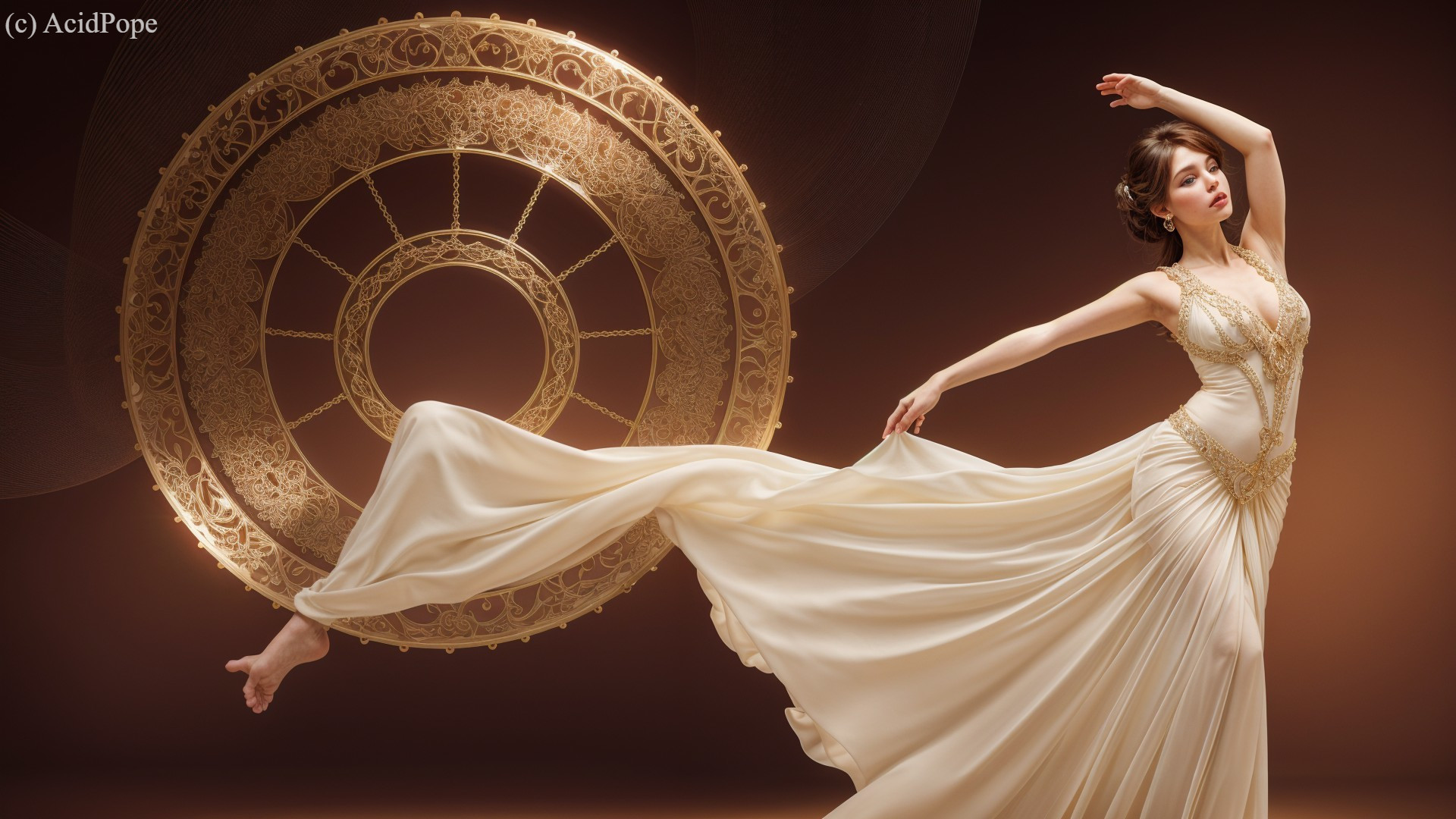 Dancer in Ivory Gown with Ornate Background Design