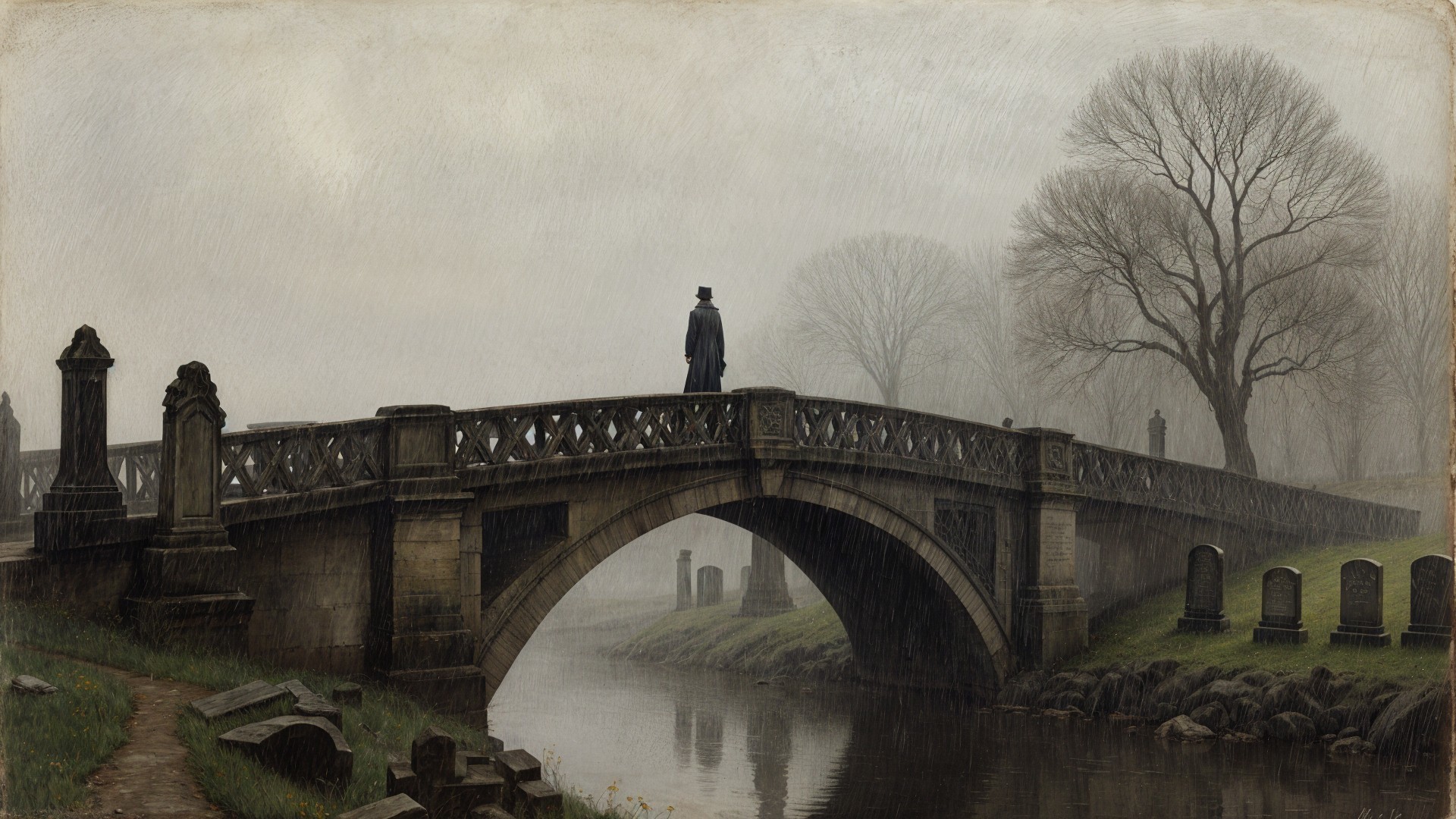 Solitary Figure on a Misty Stone Bridge Landscape
