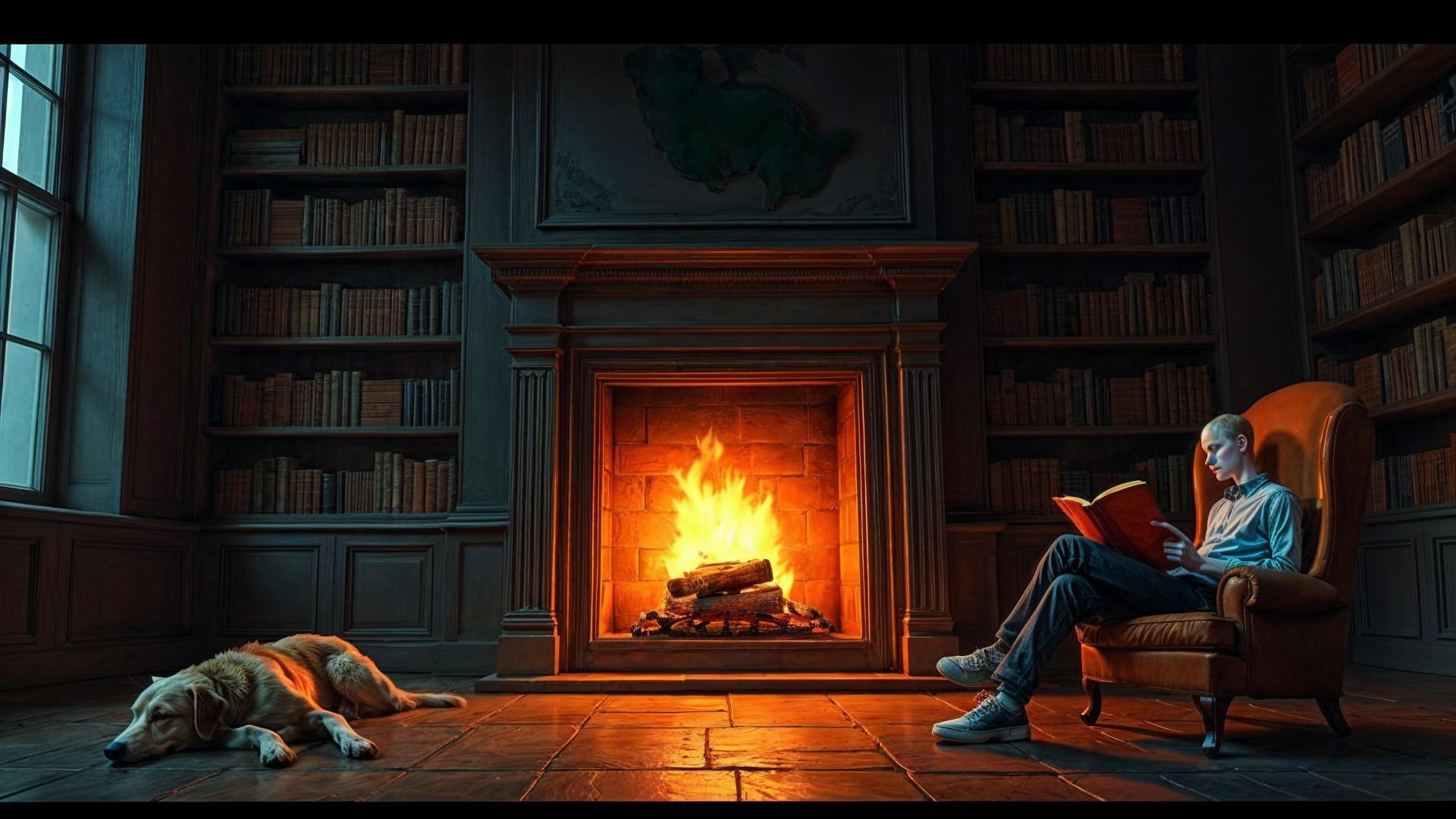 Cozy Library Scene with a Man and a Dog