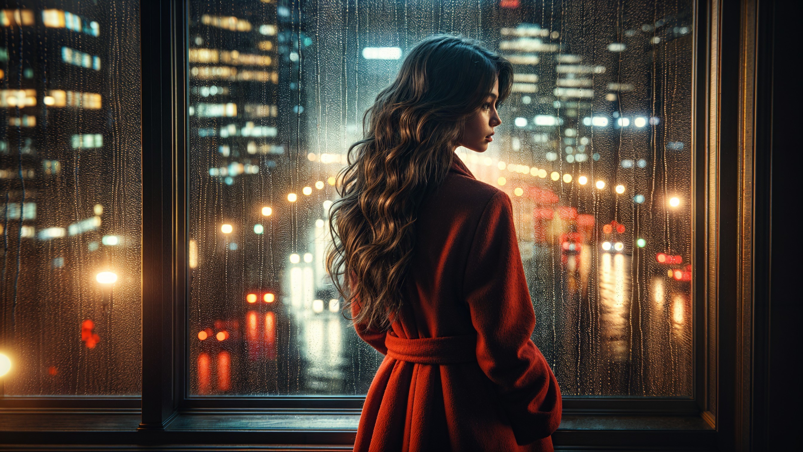 Woman in Red Coat by Rain-Speckled Window