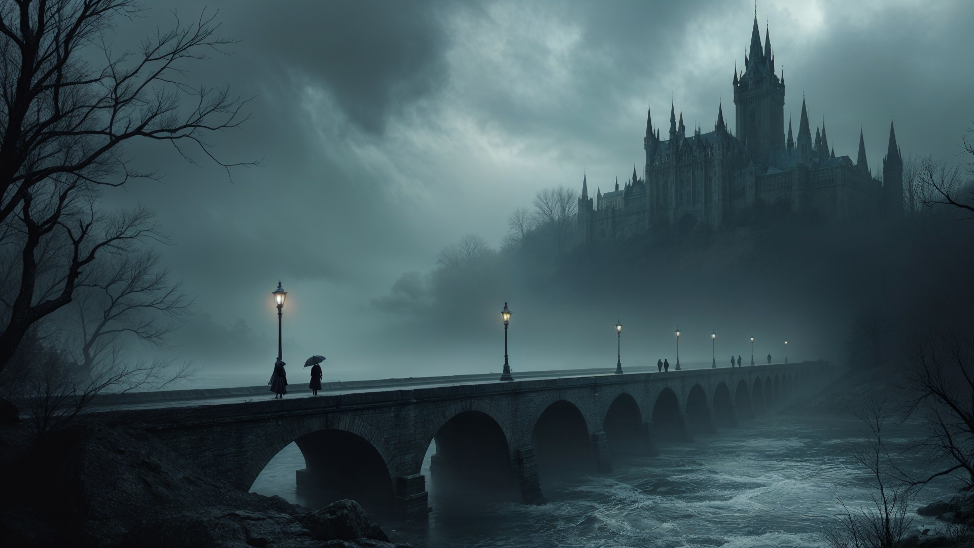 Misty Castle and Bridge Scene with Eerie Atmosphere