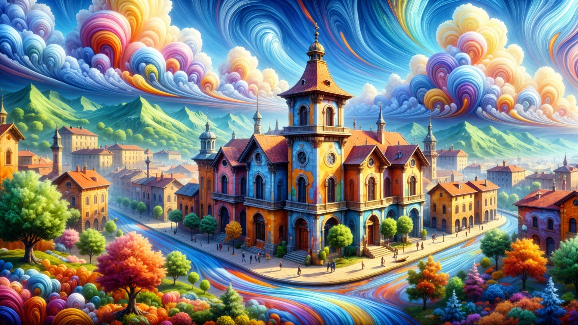 Vibrant Fantastical Landscape with Colorful Architecture