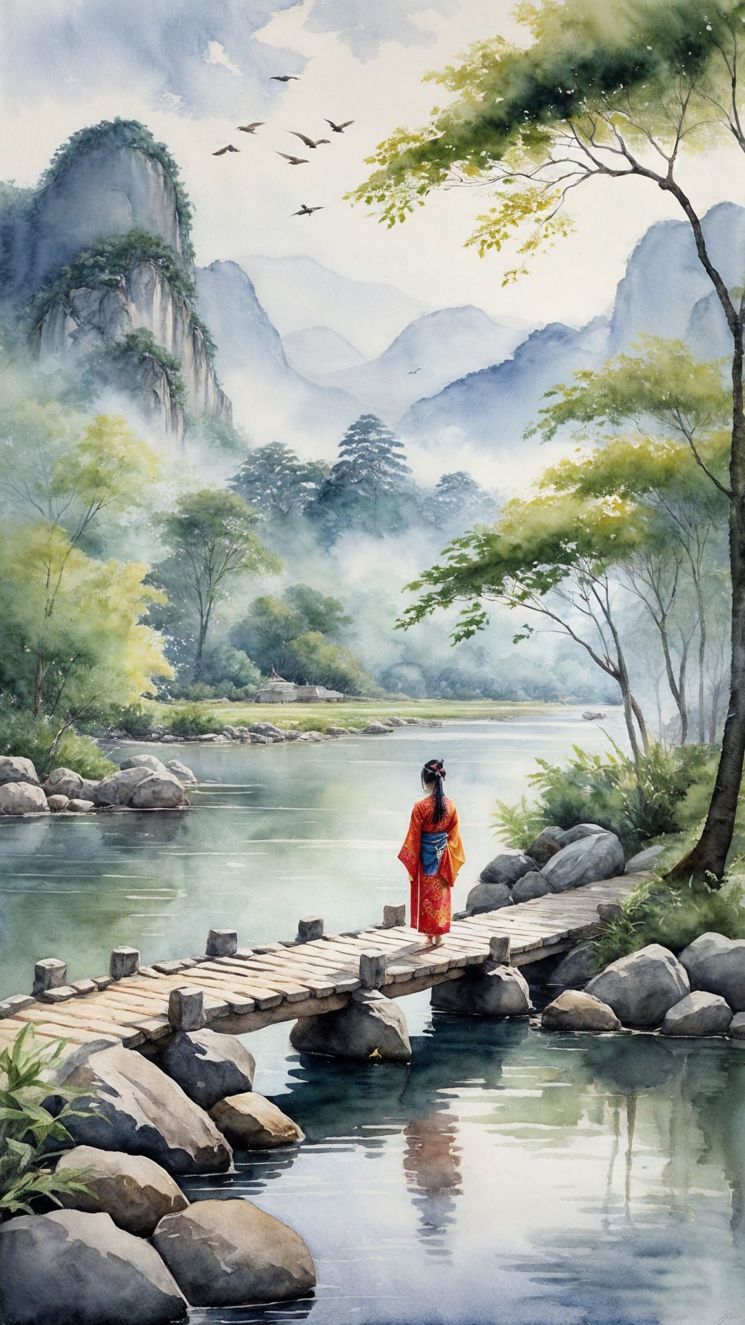 Watercolor Landscape with Woman on Stone Bridge