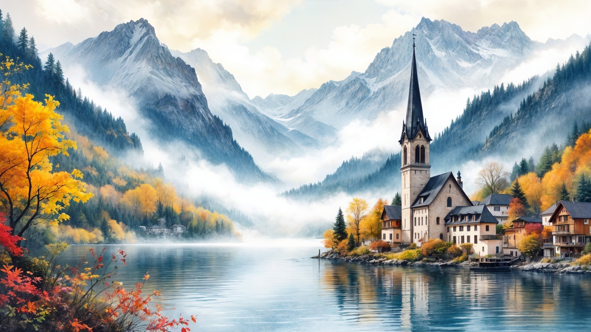 Picturesque Church by Tranquil Lake in Autumn Foliage