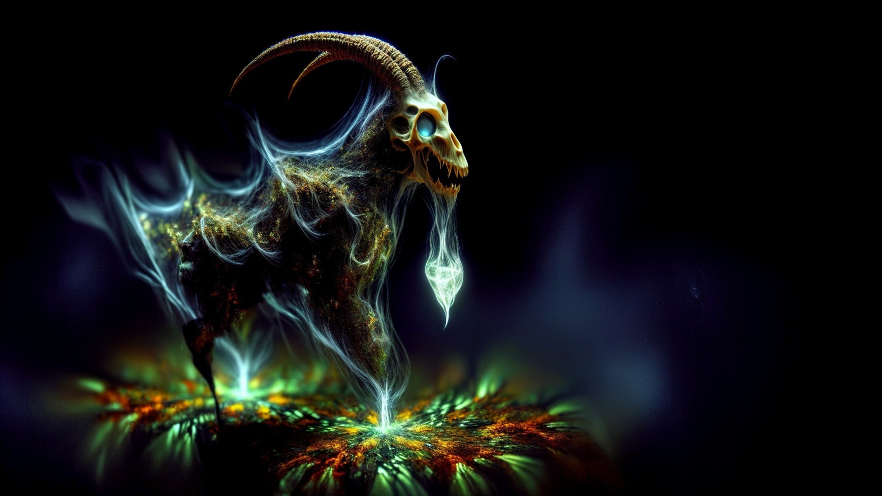 Spectral Goat in Ethereal Landscape with Glowing Eyes