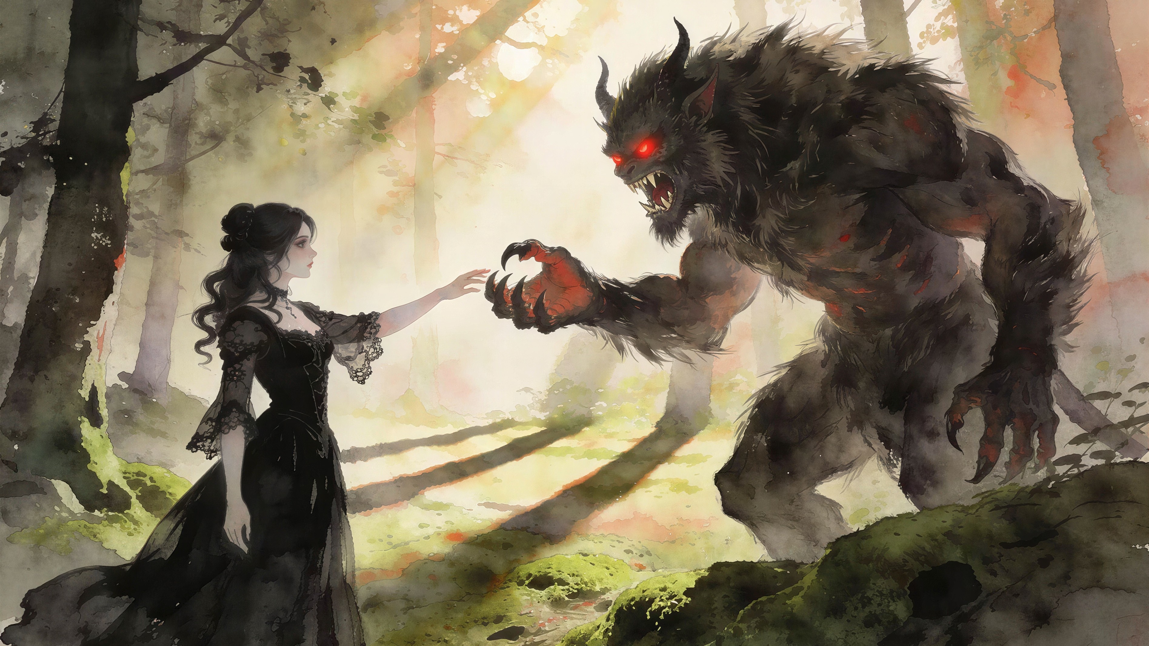 Gothic Encounter Between Woman and Werewolf in Forest
