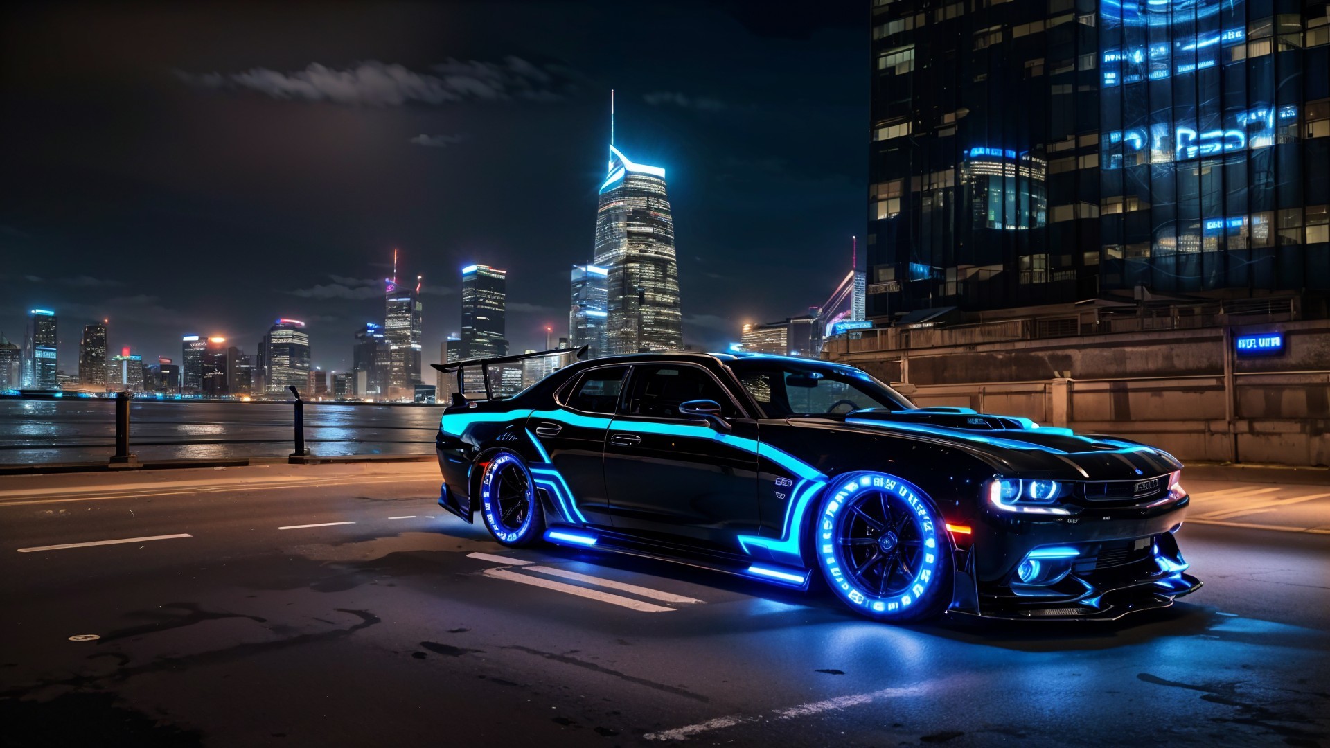 Black Sports Car with Blue Underglow in City Night