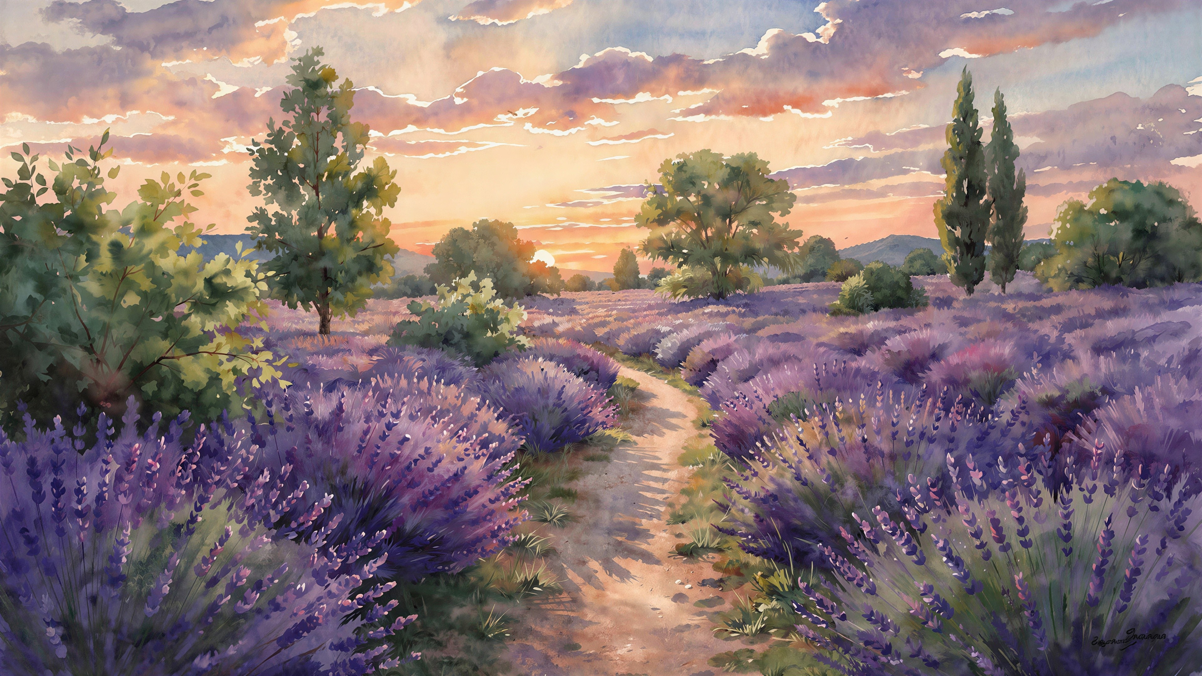 Vibrant Lavender Field at Sunrise or Sunset