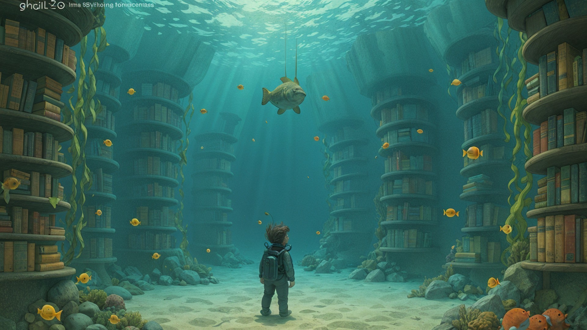 Underwater Library with Boy and Colorful Fish