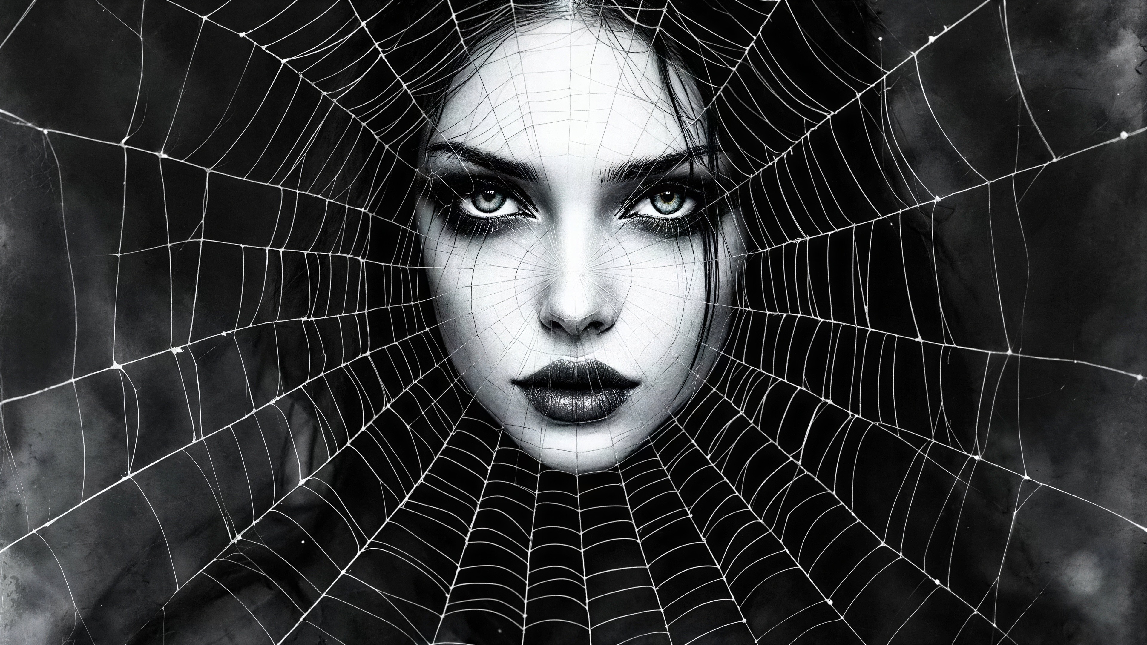 Mystical Woman with Spiderweb in Grayscale Close-Up