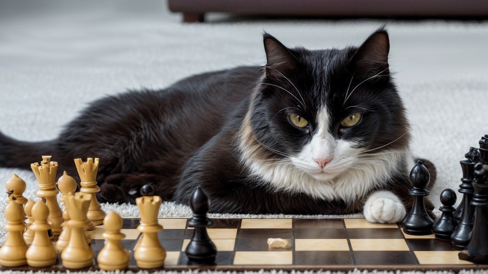 Black and white cat on carpet near chessboard scene