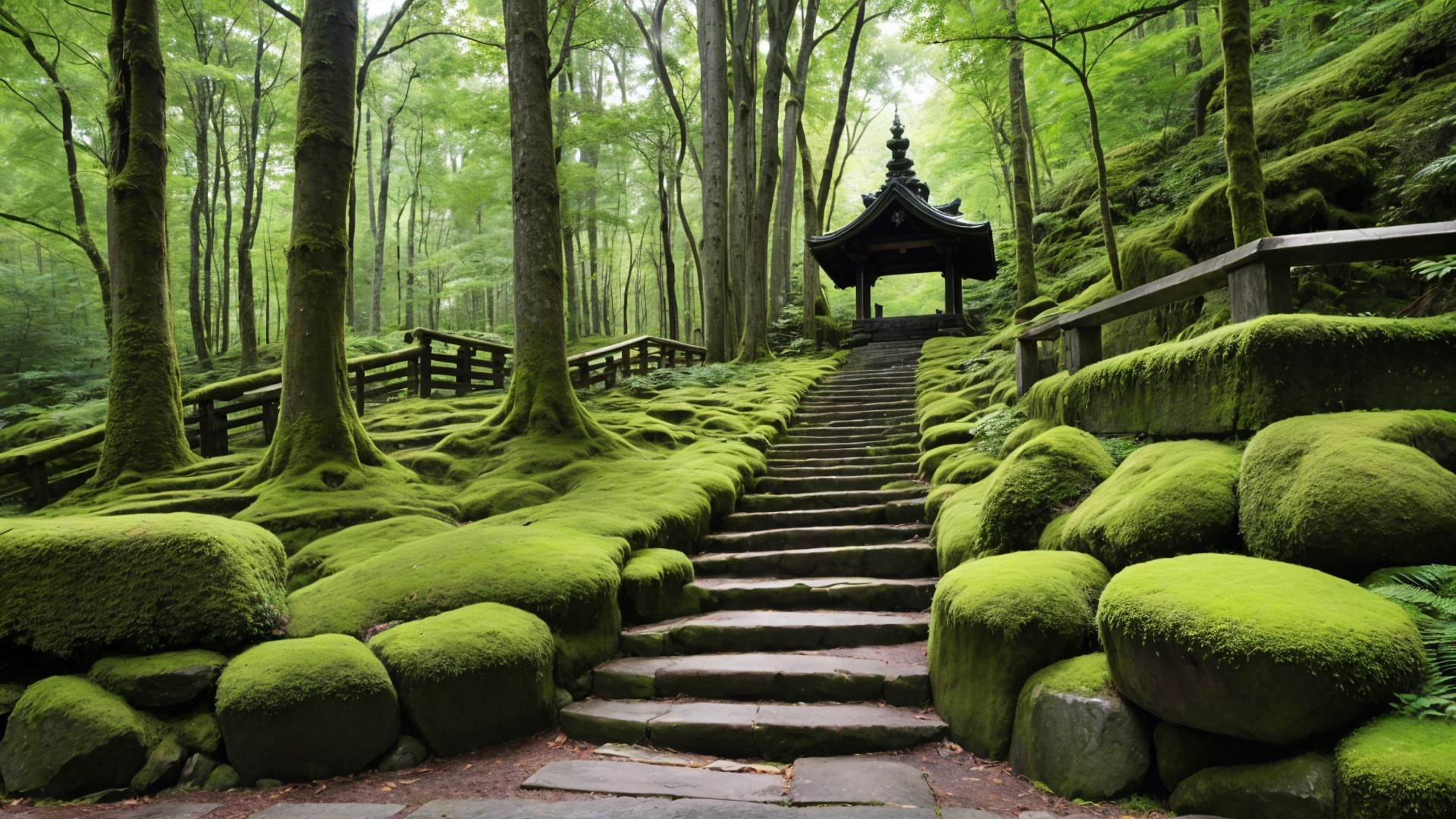 Serene Forest Scene with Winding Stone Staircase