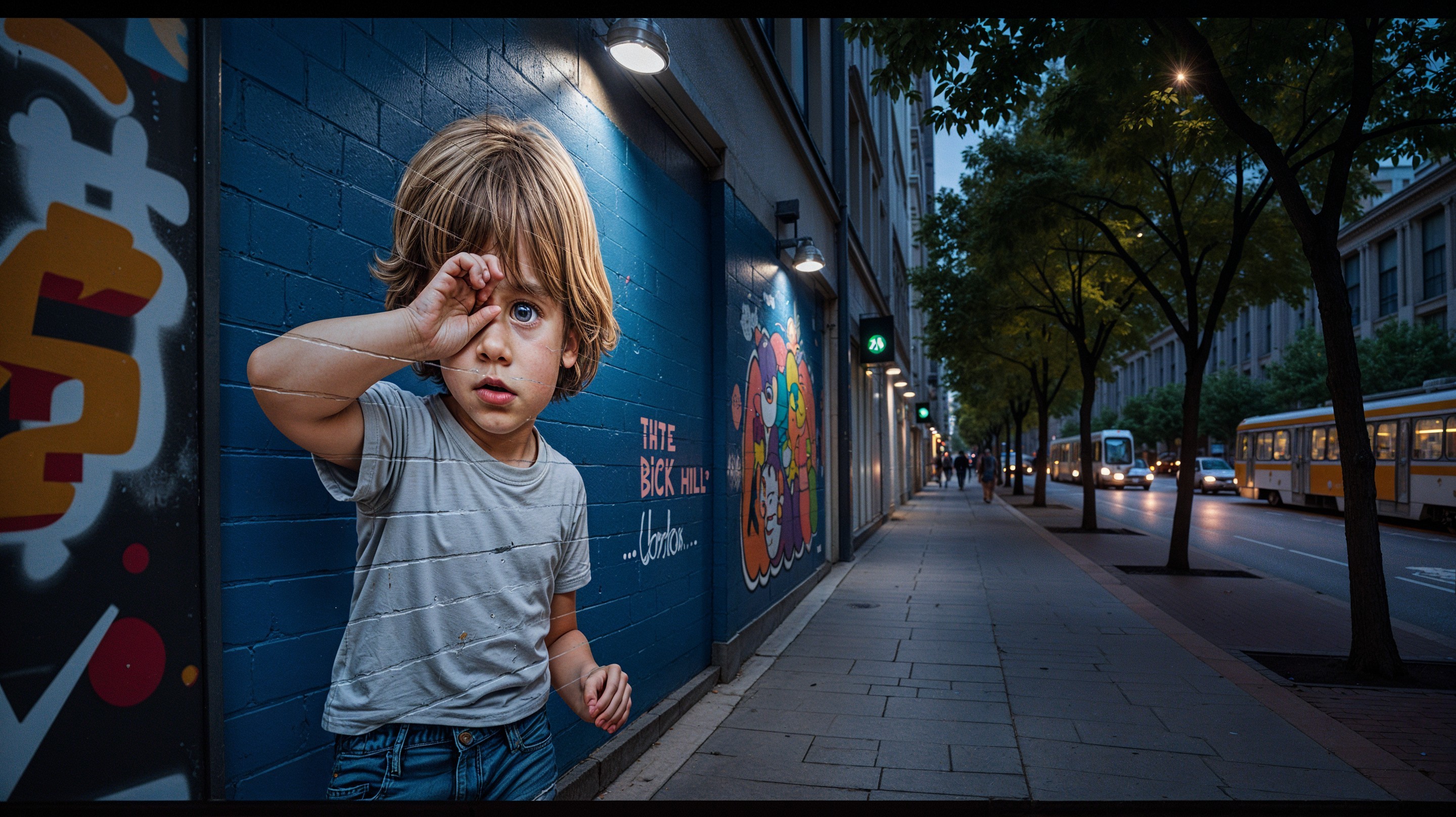 Child Observing Vibrant Street Mural at Dusk
