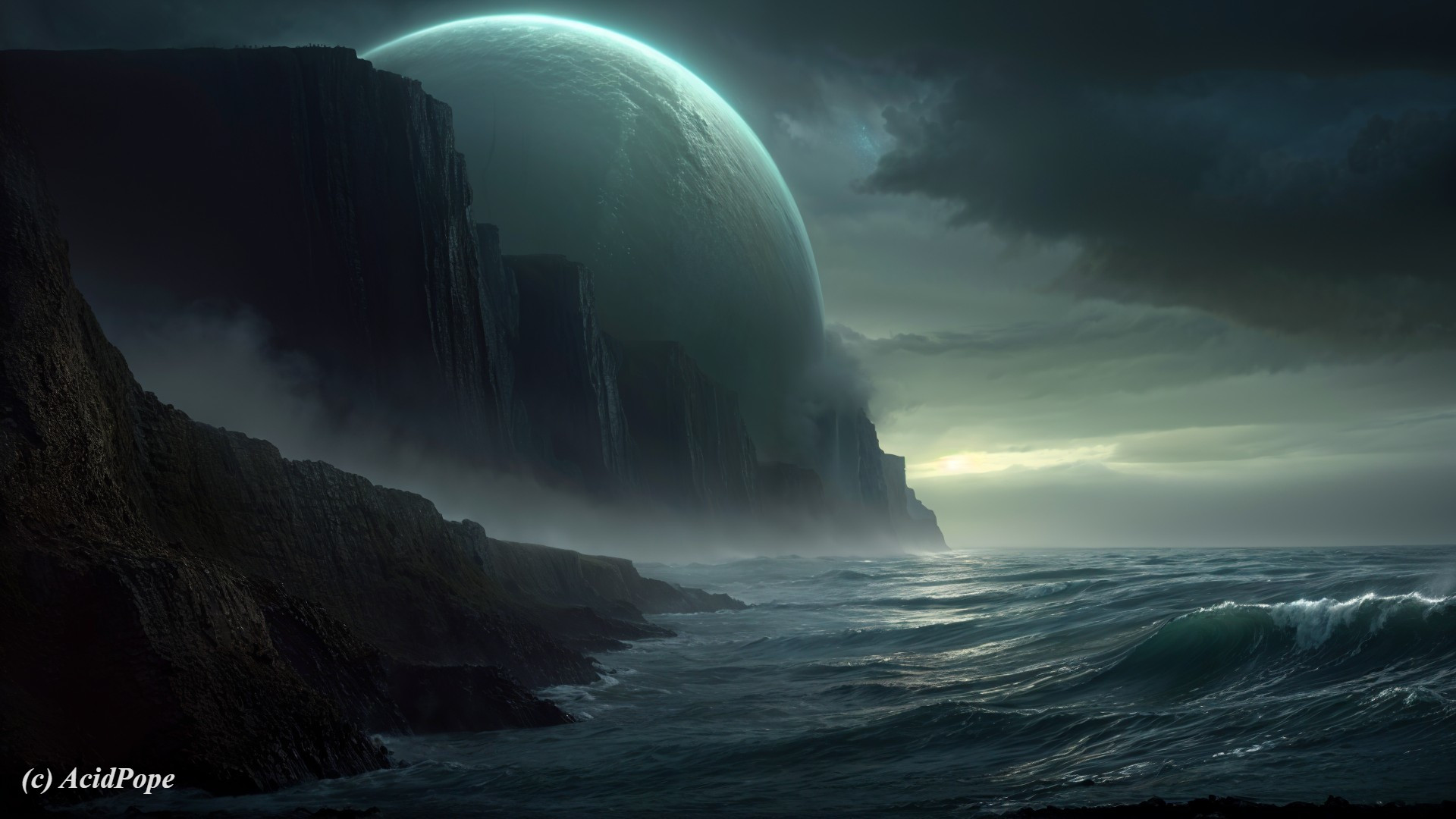 Otherworldly Landscape with Towering Cliffs and Waves