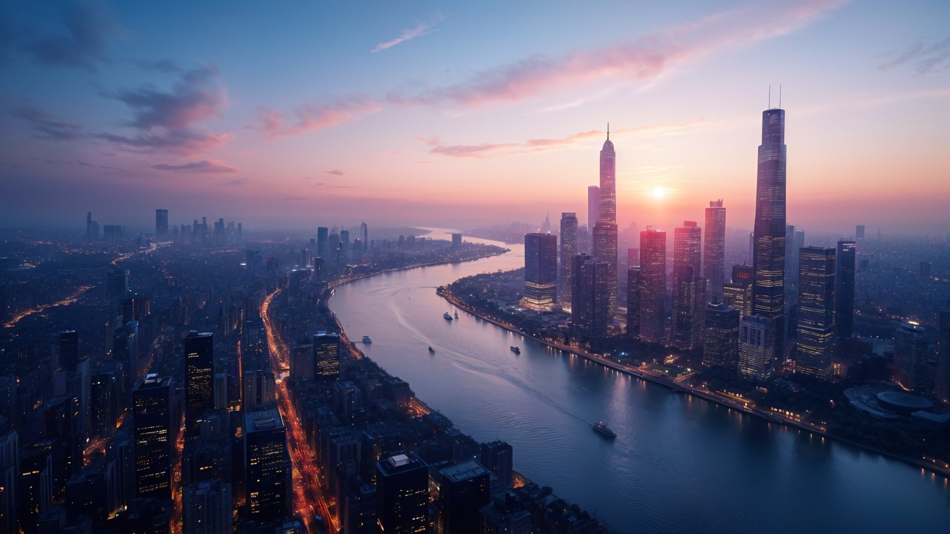Aerial View of Vibrant City Skyline at Dusk