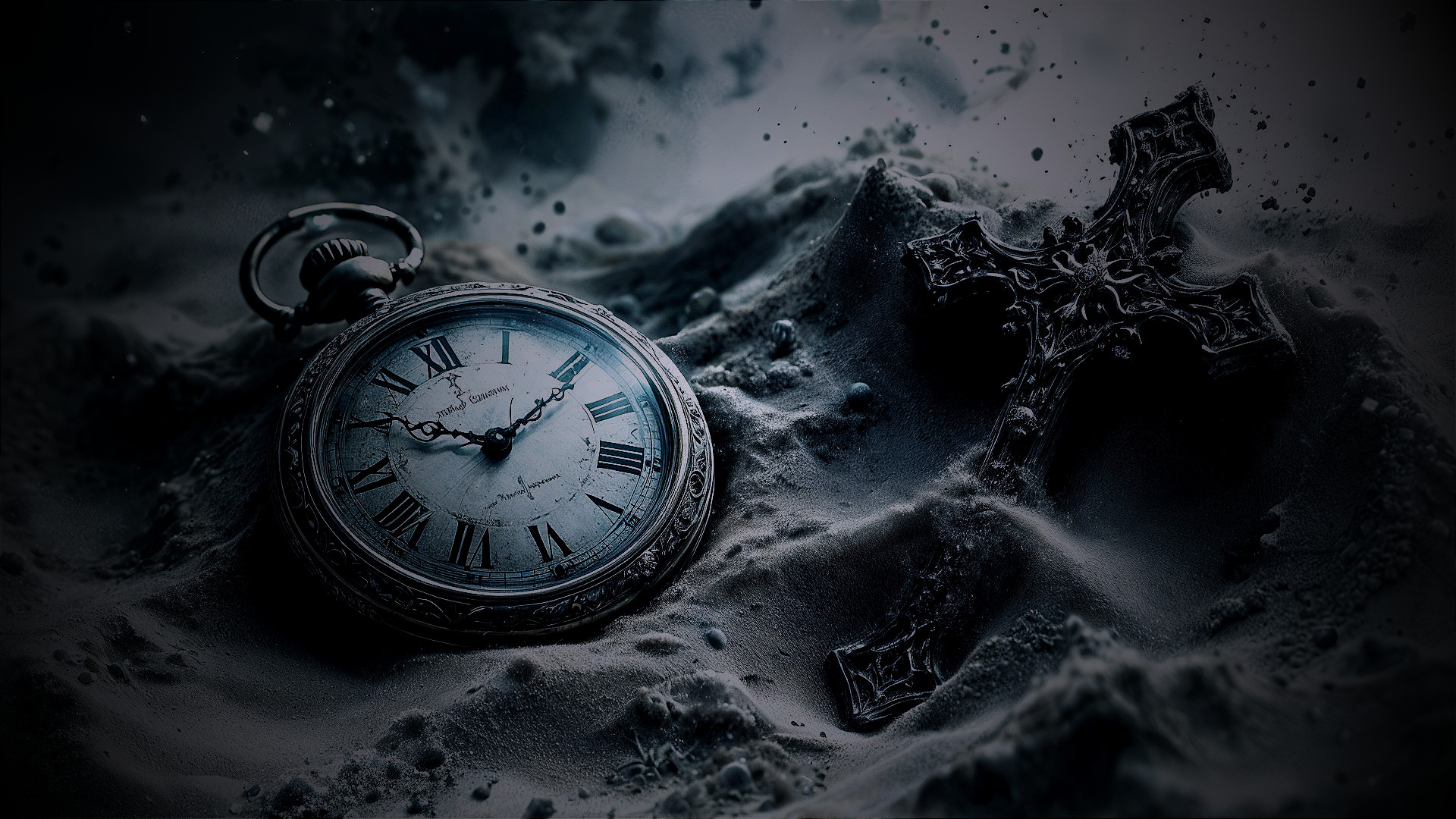 Vintage Pocket Watch and Ornate Cross on Dark Sand
