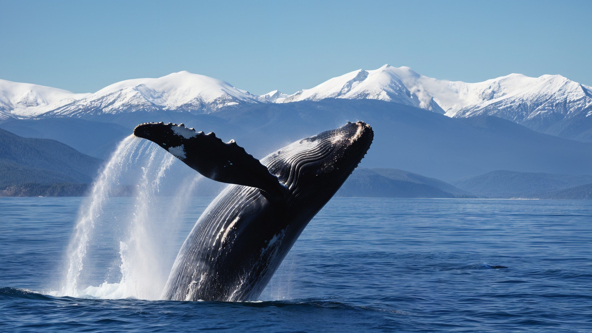 Humpback Whale Breaching in Scenic Marine Landscape
