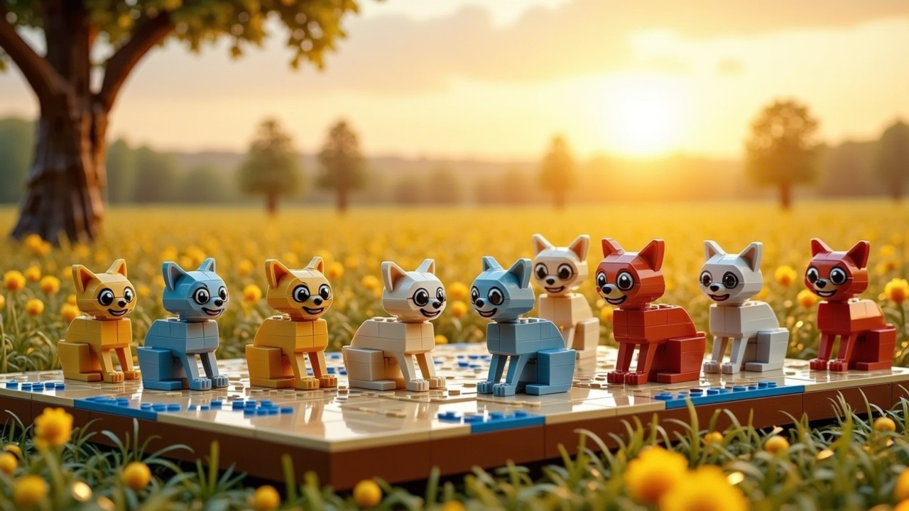 Colorful Cat-Shaped LEGO Figures on a Sunset Chessboard