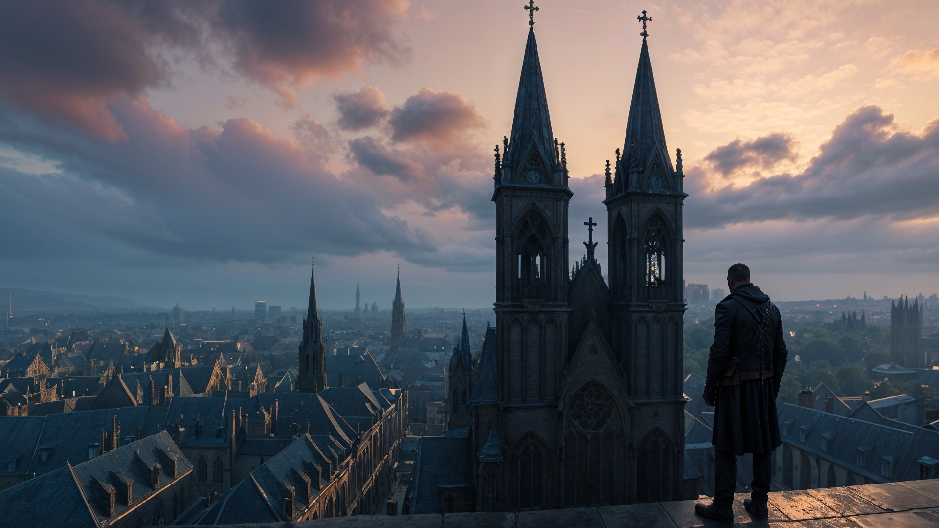 Silhouette on Grand Building Overlooking Gothic Cityscape