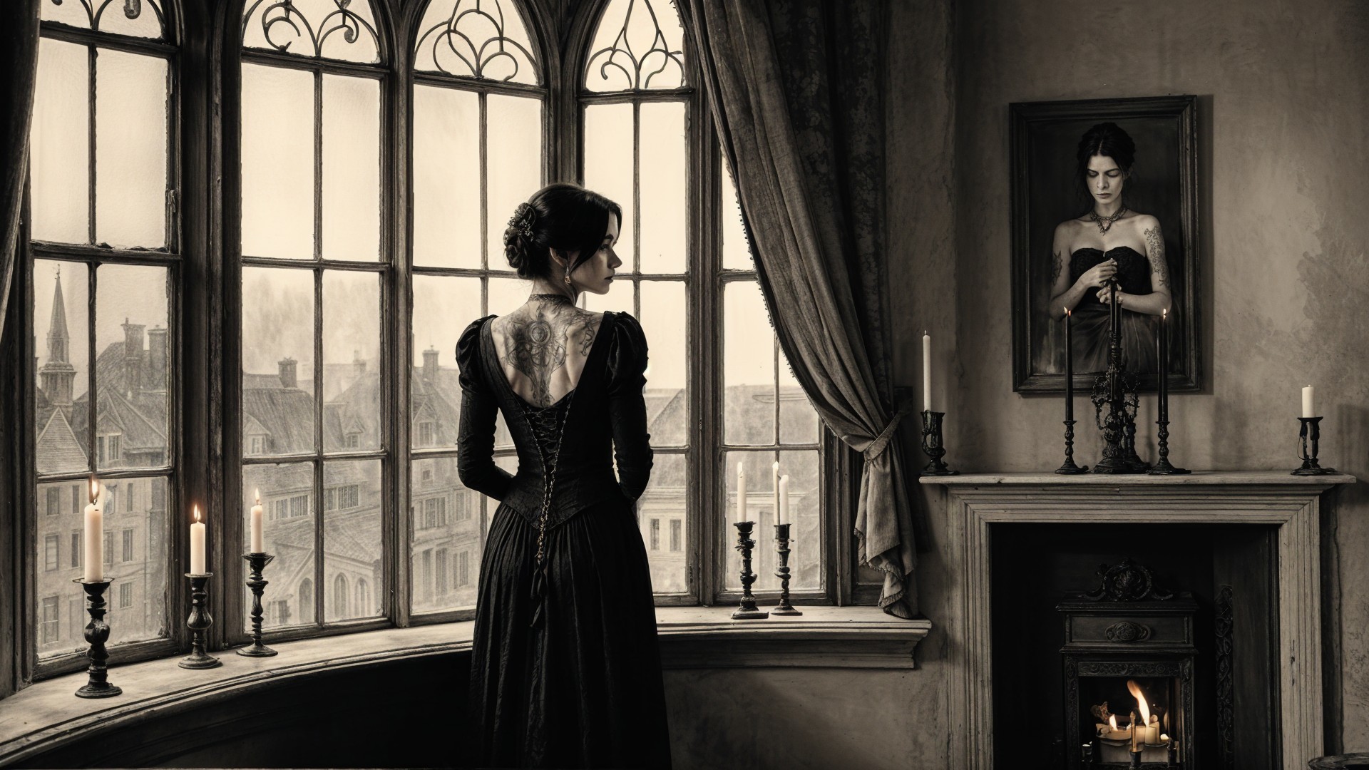 Woman in Vintage Gown by Window in Dimly Lit Room