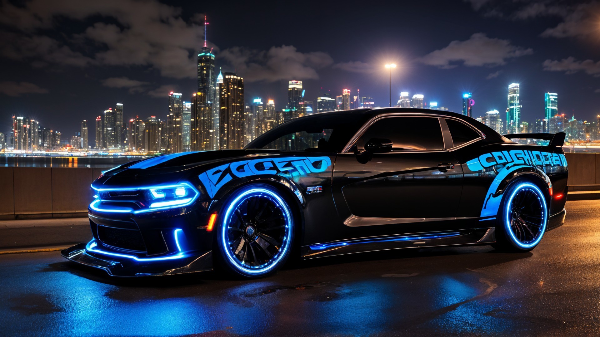 Black Muscle Car with Blue Underglow in City Night