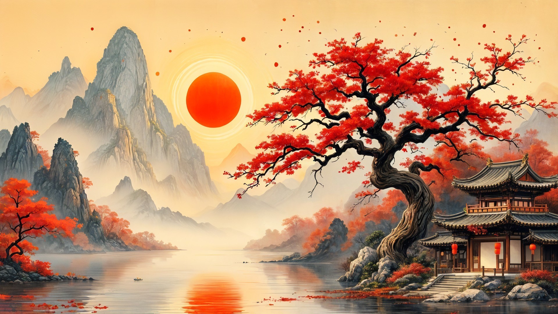 Serene Landscape with Mountains and Vibrant Autumn Colors