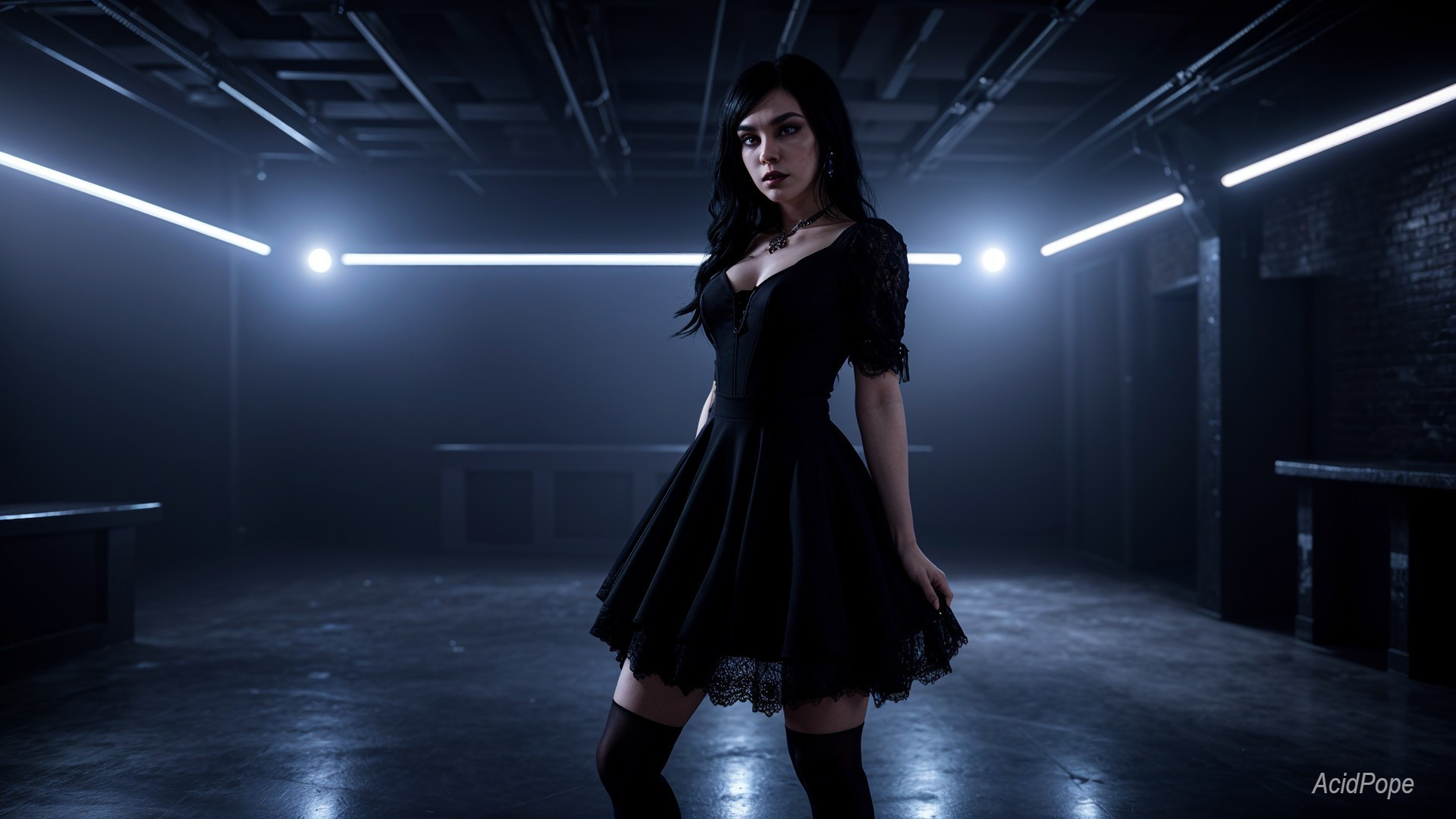 Young woman in fitted black dress with lace details