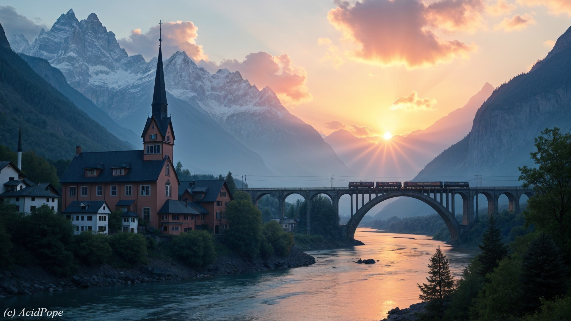 Charming Village Landscape with Historic Church and Mountains