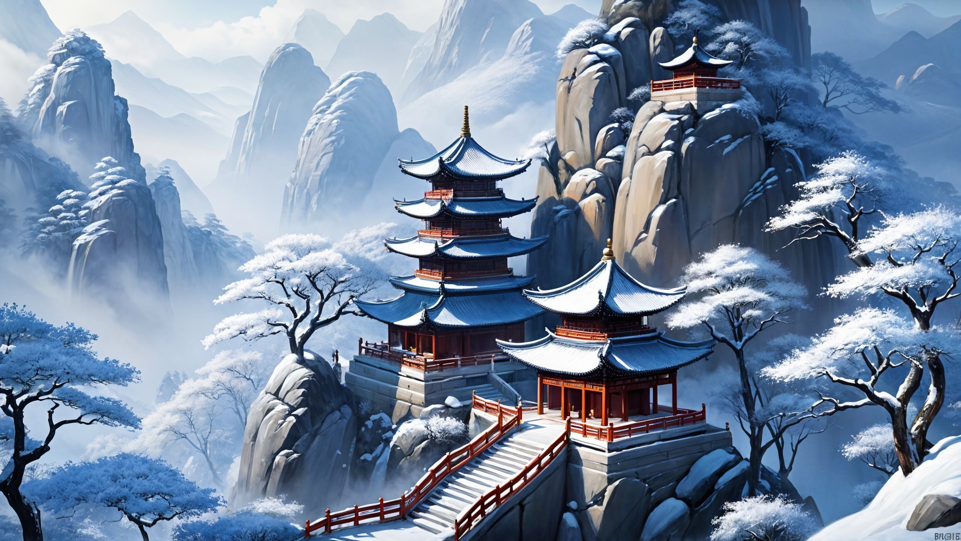 Serene Winter Landscape with Ornate Pagodas and Mist