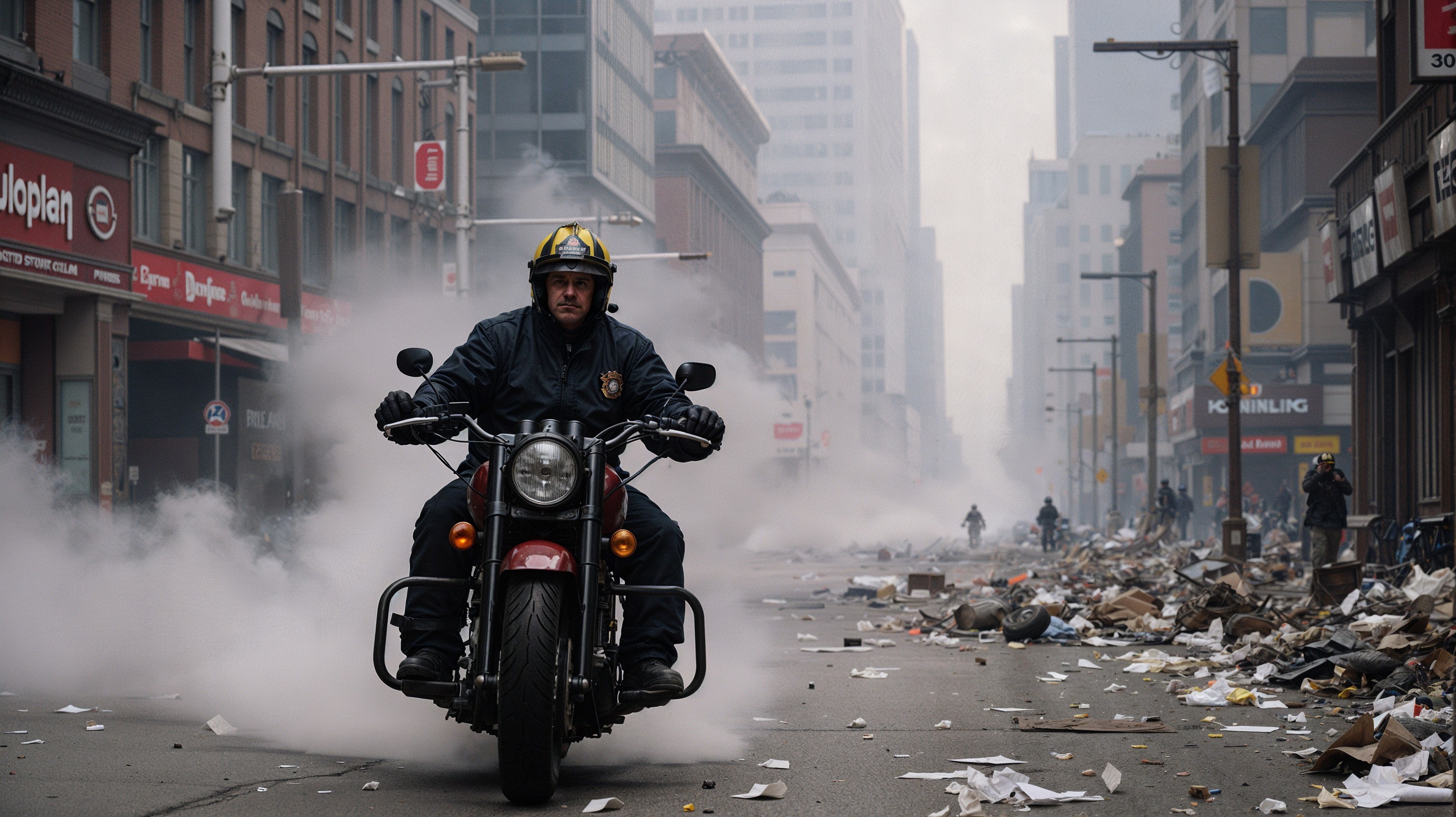 Firefighter on Motorcycle in Post-Apocalyptic Urban Scene