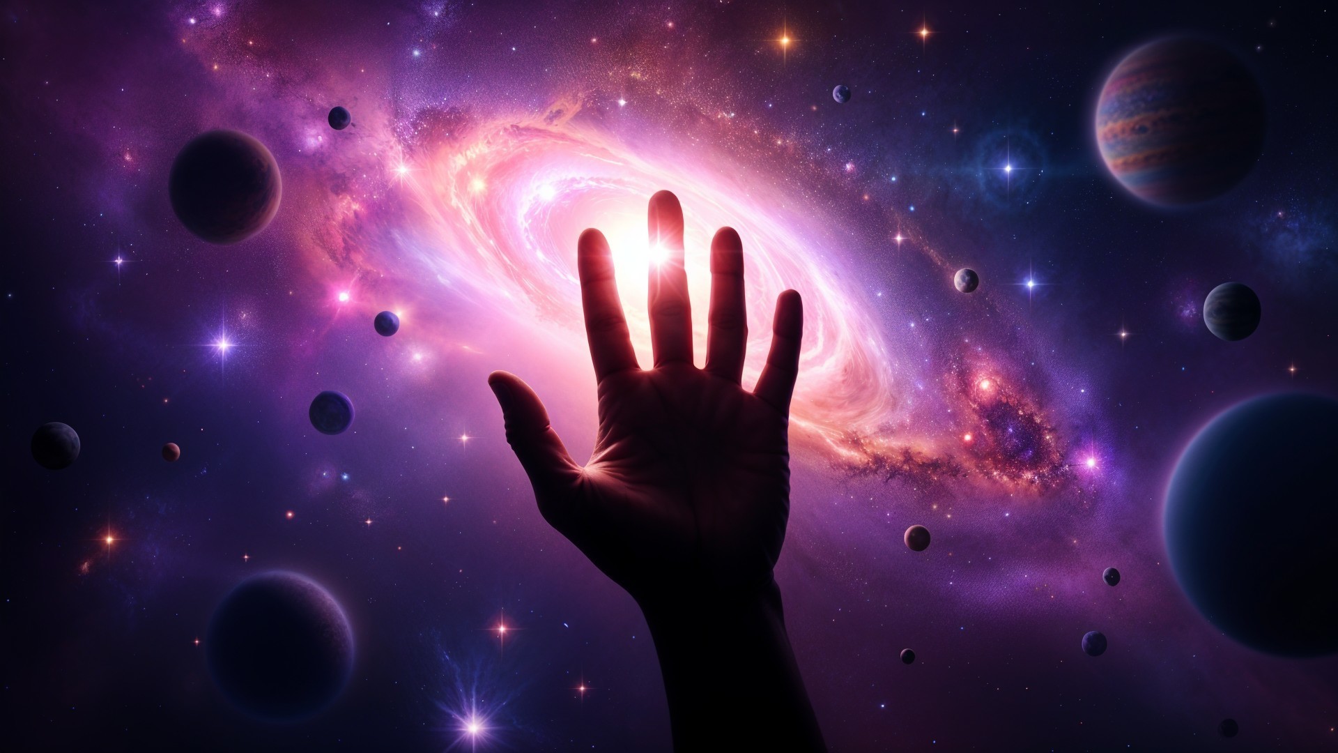 Silhouetted Hand Against Vibrant Cosmic Scene