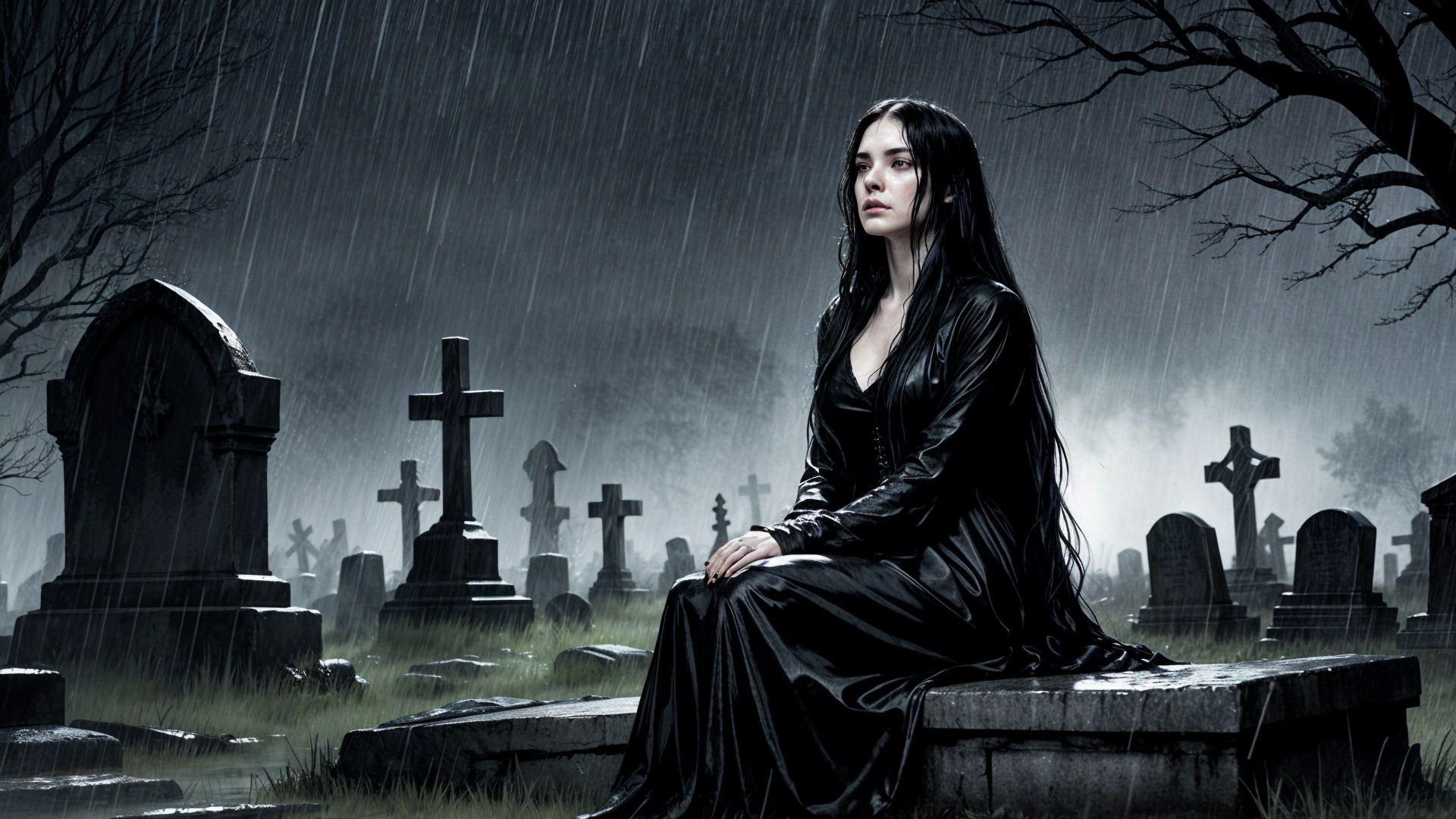 Somber Cemetery Scene with Young Woman in Black Gown