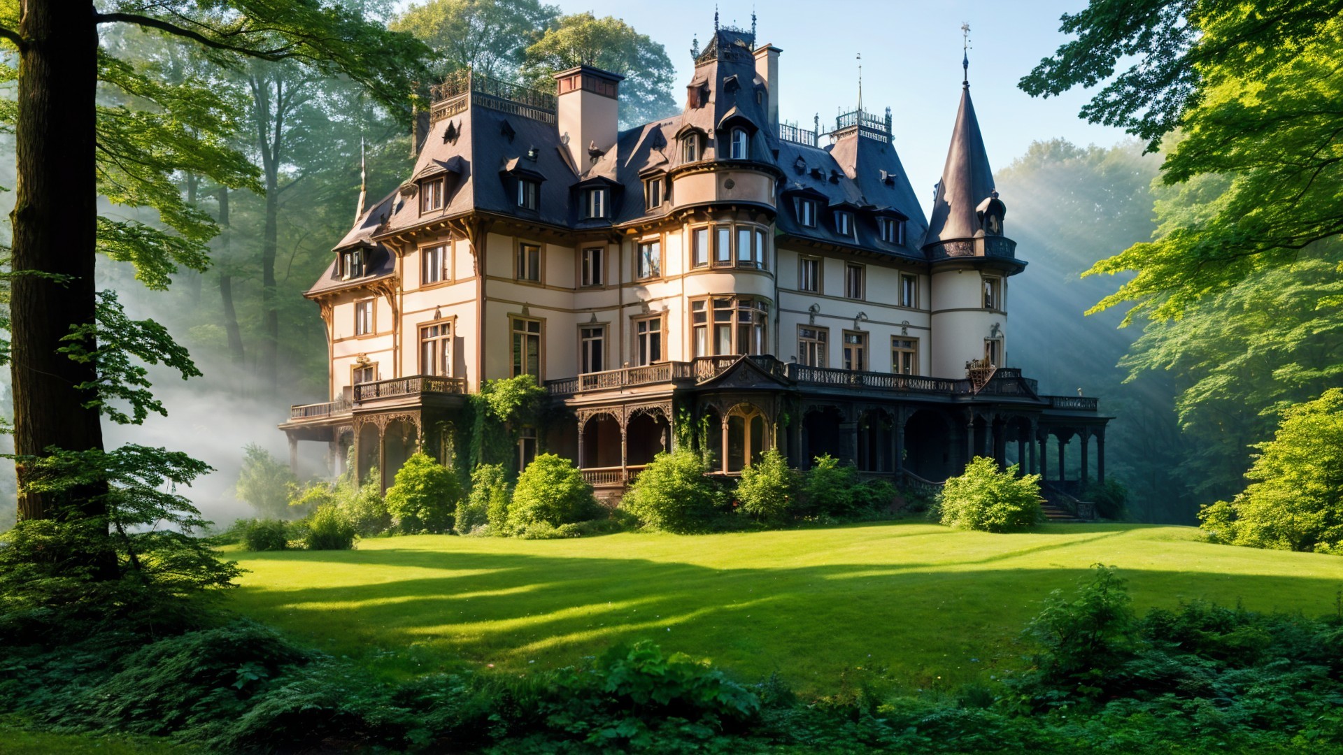 Ornate Mansion Surrounded by Lush Greenery and Serenity