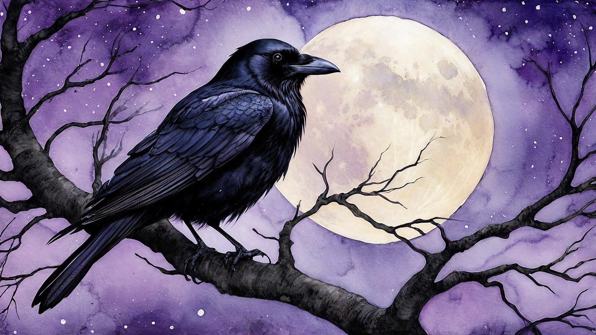 Raven on Gnarled Branch Under Full Moon Glow
