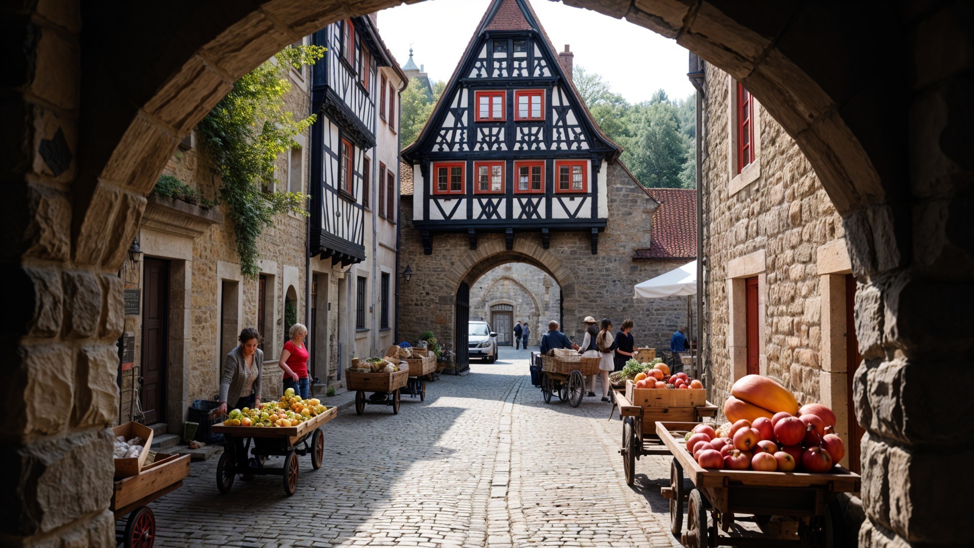 Charming Cobblestone Street with Market and Archway